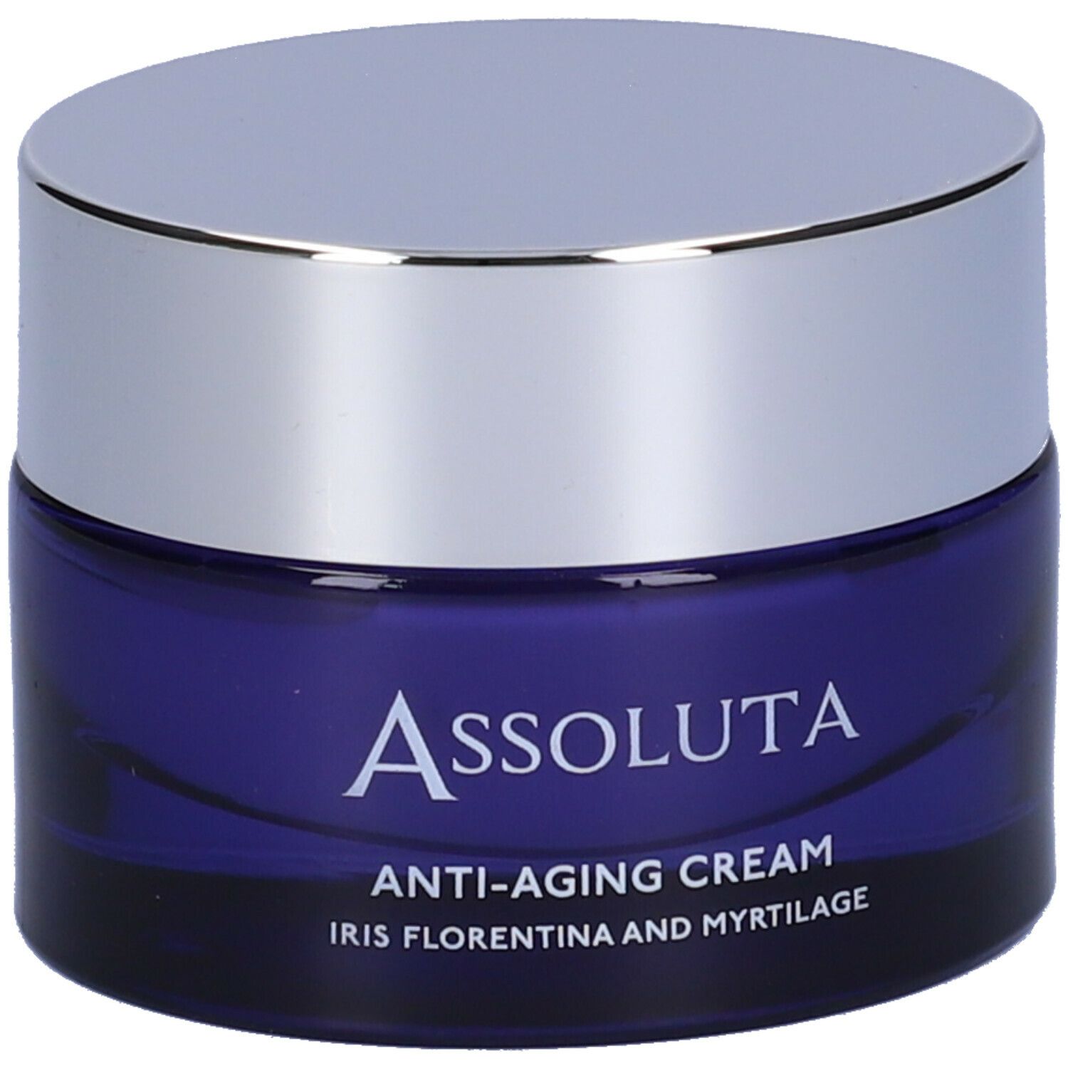 Vasetto blu con coperchio argentato. Scritta: Assoluta, Crema anti-età, Iris Florentina e Myrtilage.