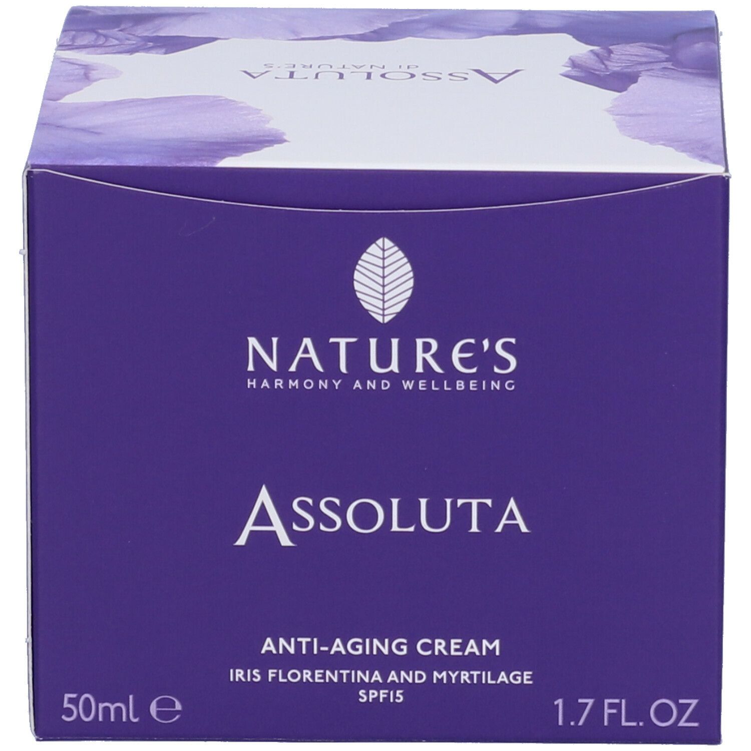 Scatola viola. Scritta: NATURE'S, Assoluta, Crema anti-età, Iris Florentina e Myrtilage, SPF15.