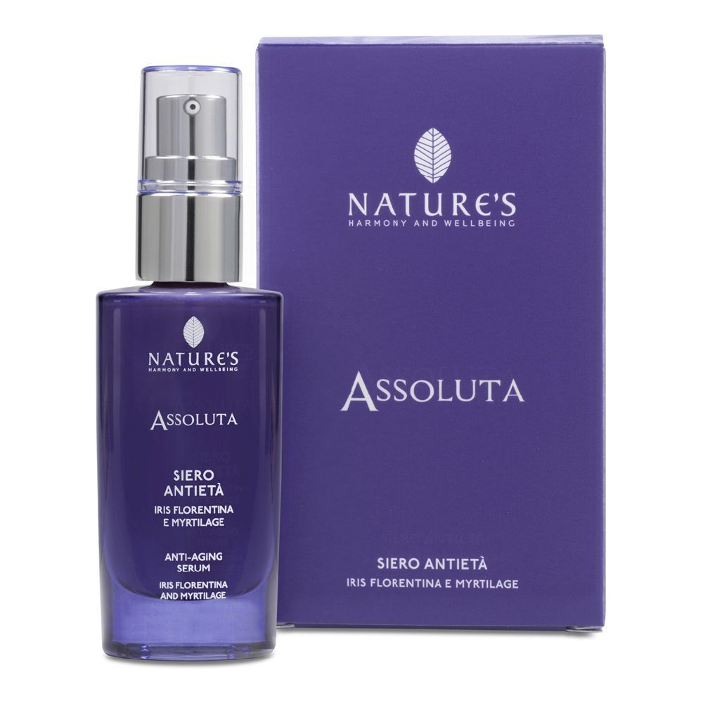 Flacone di siero e scatola. Flacone viola con dosatore argento. Scritta: Assoluta, siero anti-età.
