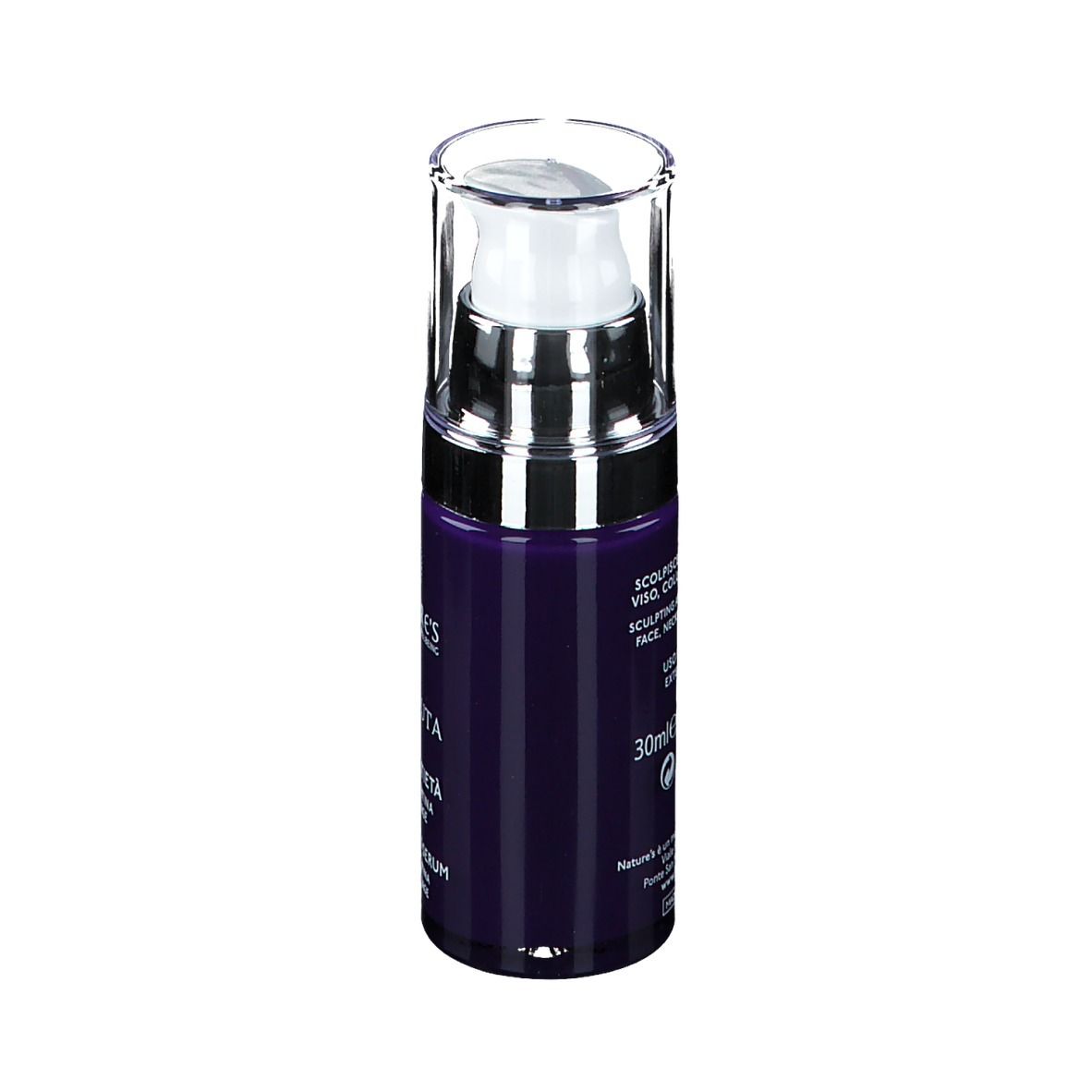 Flacone di siero. Flacone viola con dosatore argento. Scritta: Assoluta, siero anti-età.