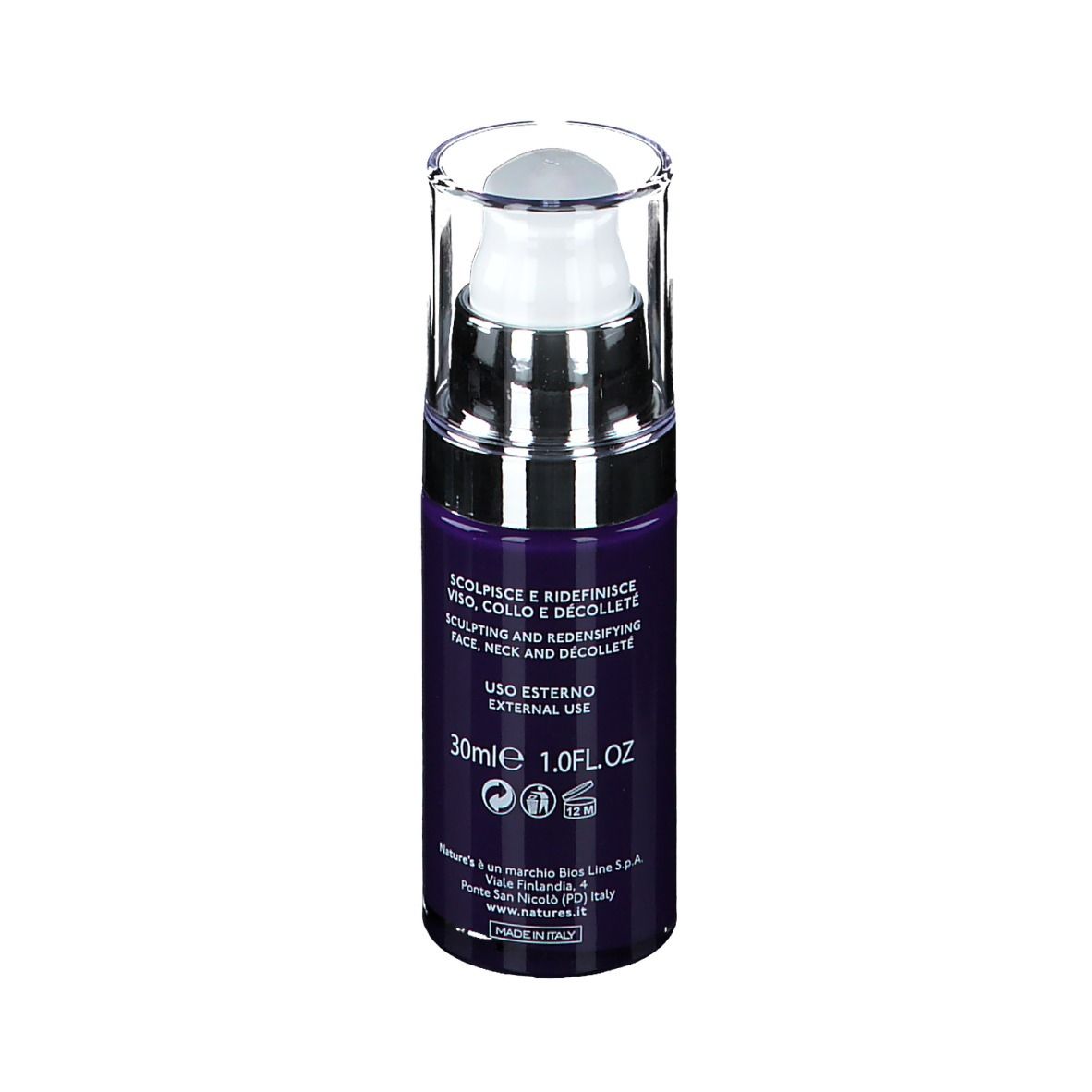 Flacone di siero. Flacone viola con dosatore argento. Scritta: 30ml, Uso Esterno.