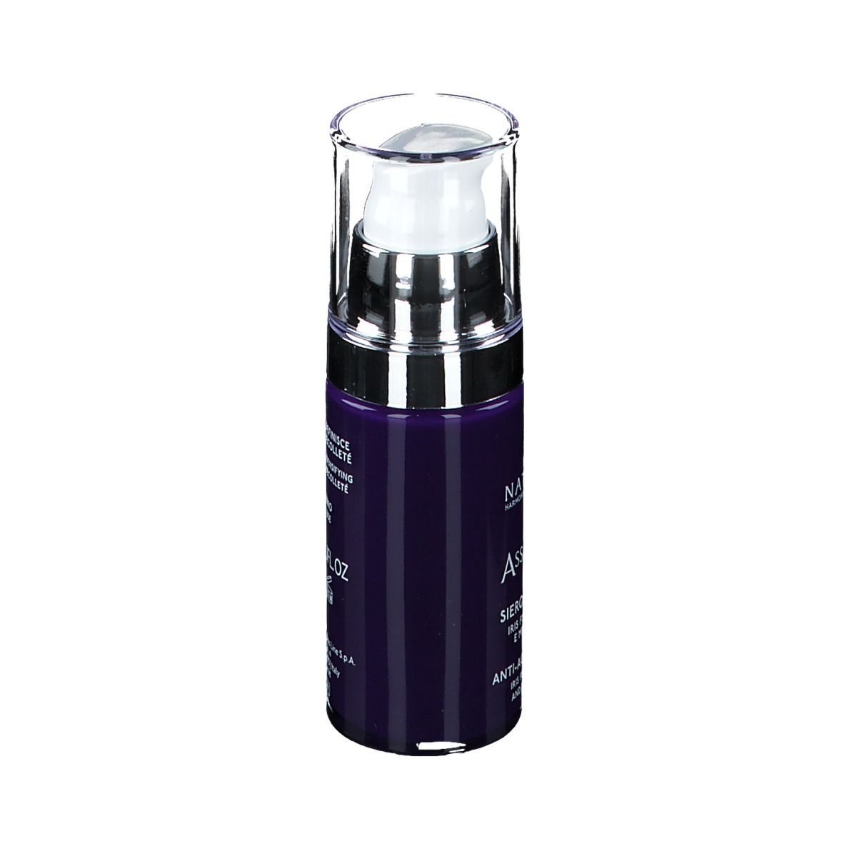Flacone di siero. Flacone viola con dosatore argento. Scritta: 30ml, Uso Esterno.