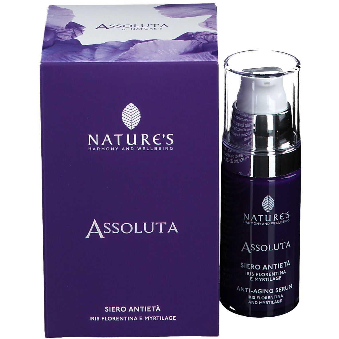Flacone di siero e scatola. Flacone viola con dosatore argento. Scritta: Assoluta, siero anti-età.