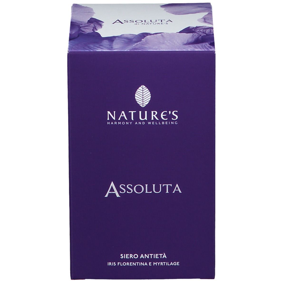 Scatola. Scatola viola con scritta: Assoluta, siero anti-età.