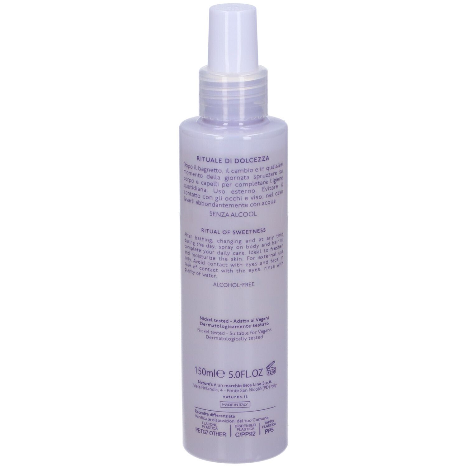 Eine Sprühflasche mit hellem Lavendel-Spray, 150 ml, mit weißem Verschluss.