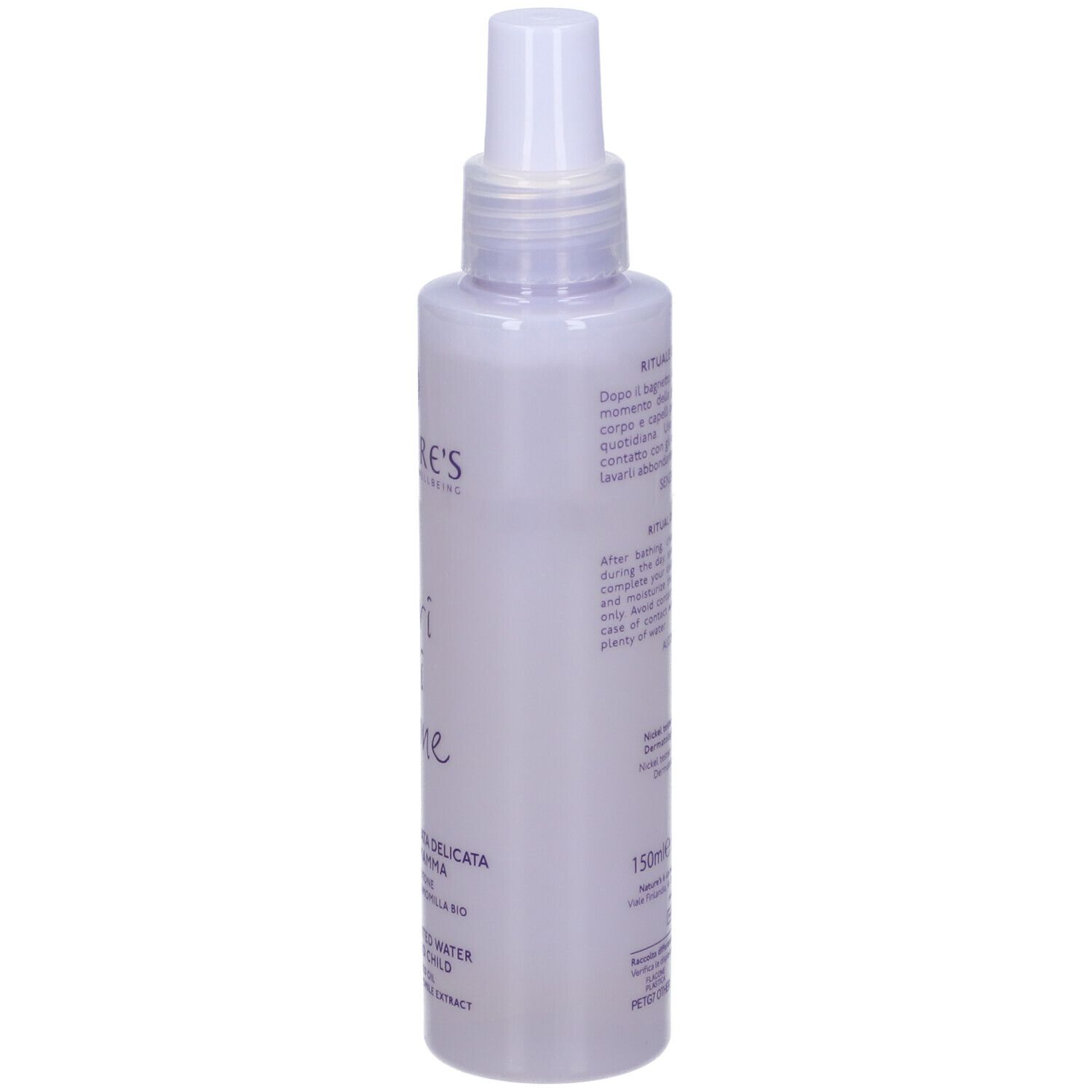 Lila Sprühflasche mit weißem Verschluss. Enthält 150ml.