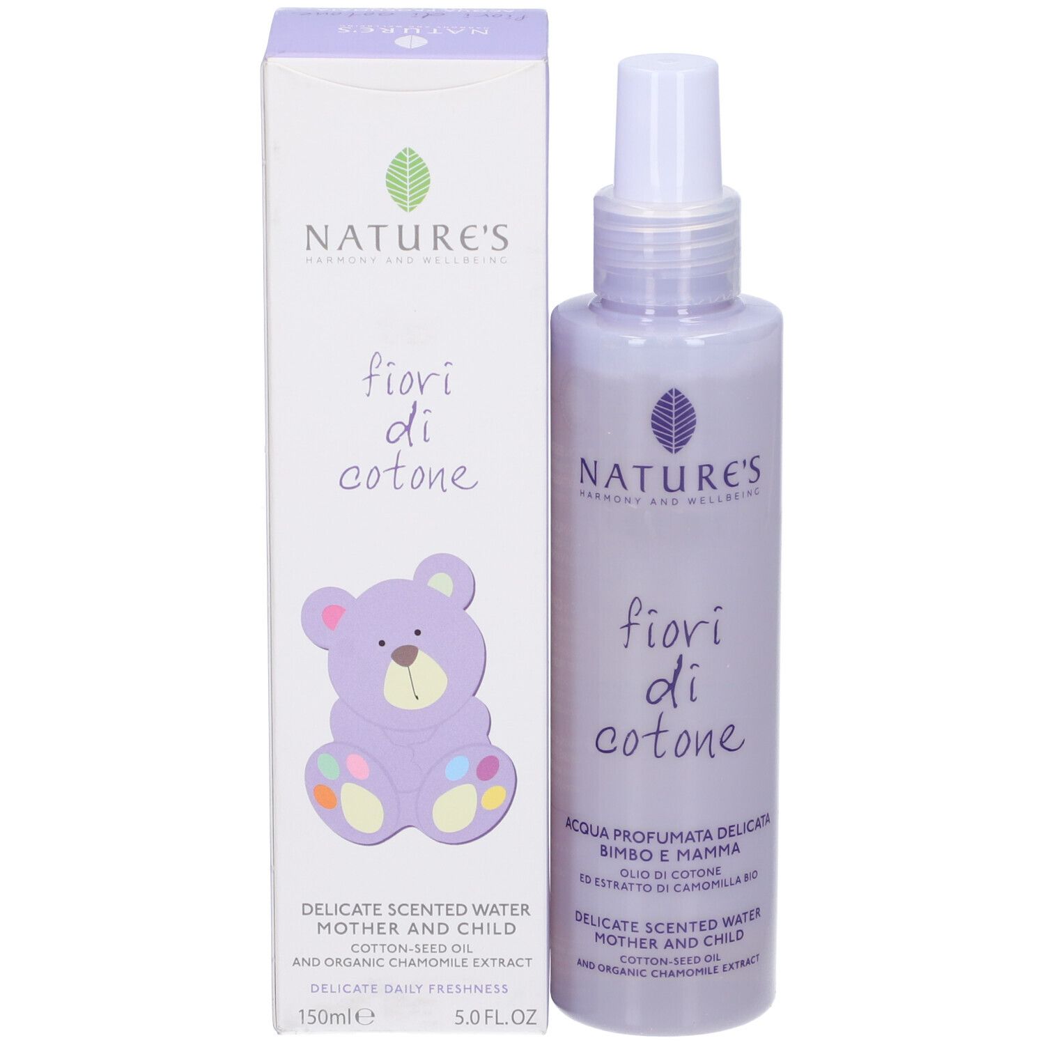 Nature's Fiori di Cotone: Zerstäuberflasche und Kartonverpackung für Mutter und Kind, 150ml.