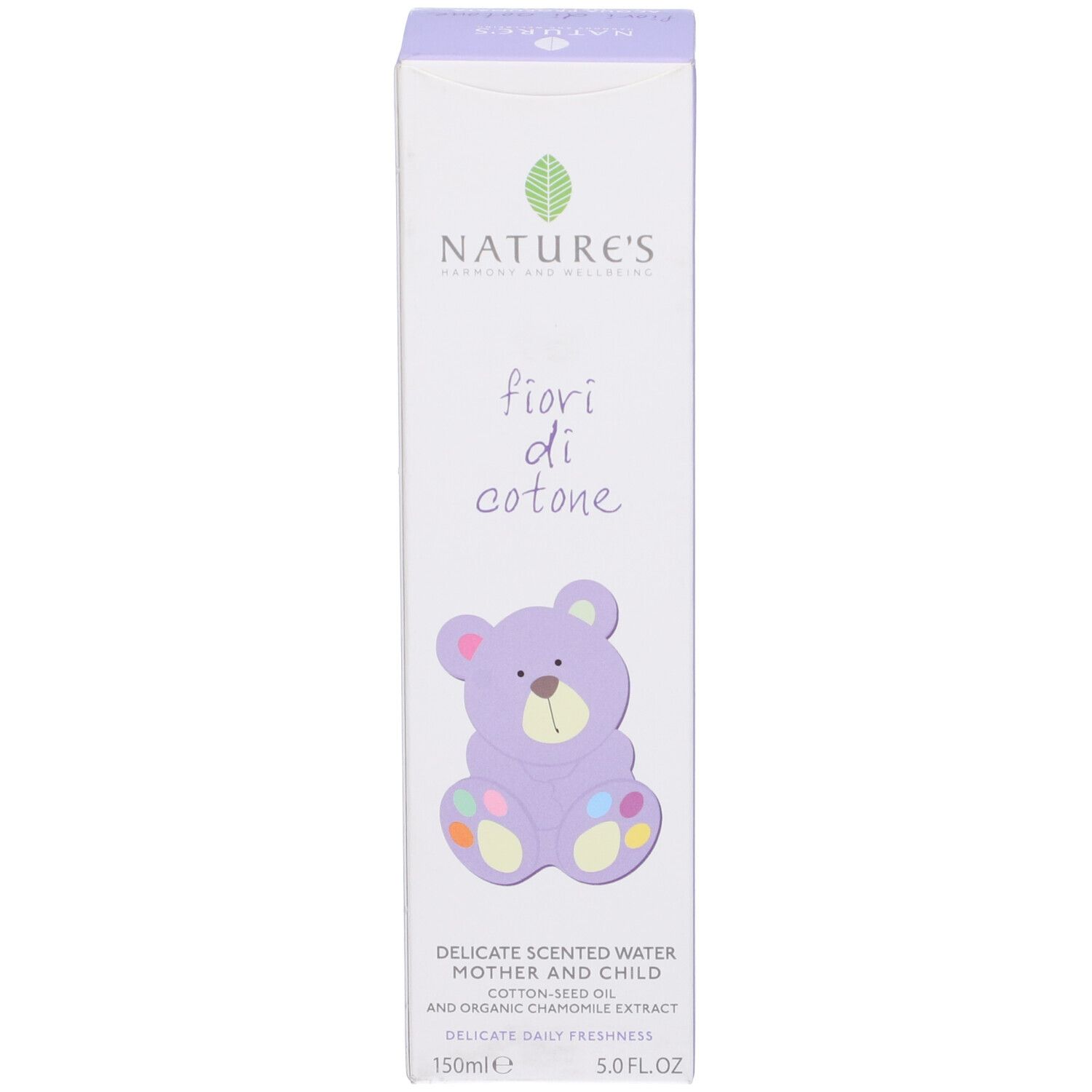 Nature's Fiori di Cotone: Zart duftendes Wasser für Mutter und Kind. Mit Teddybär-Illustration. 150ml.
