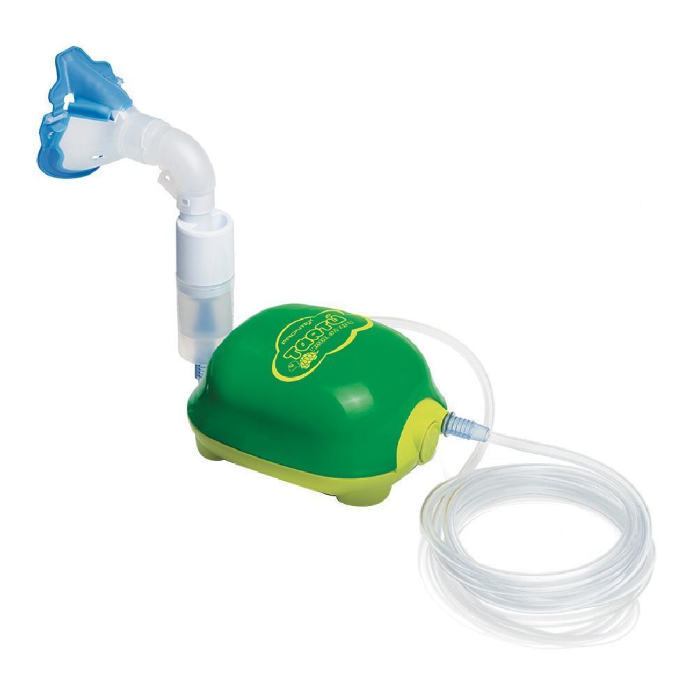 Inalatore verde con tubo bianco e boccaglio. Sul corpo è scritto "Tartu".