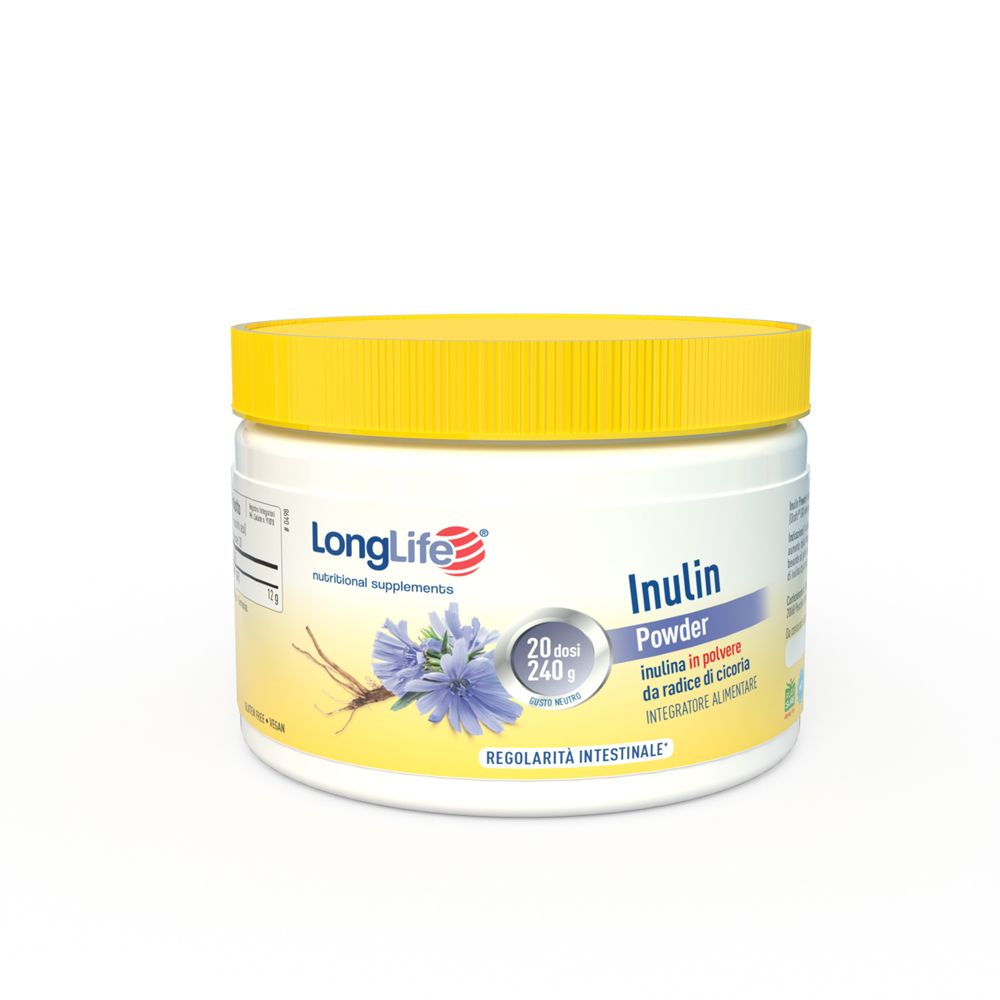 Contenitore bianco con coperchio giallo. Scritta: LongLife, Inulin Powder. Illustrazione: fiore di cicoria.