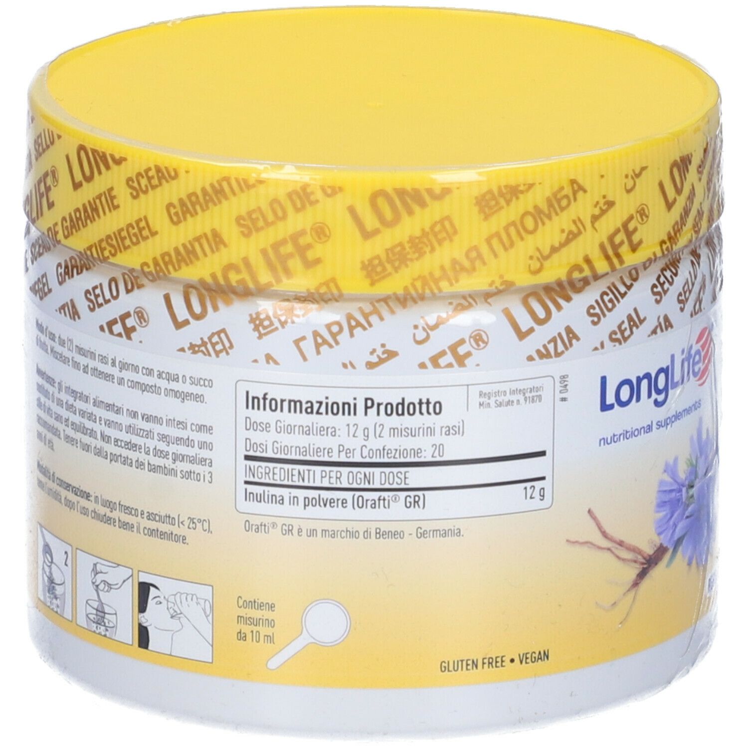 Contenitore bianco con coperchio giallo. Scritta: LongLife. Informazioni prodotto. Illustrazione: cucchiaio.