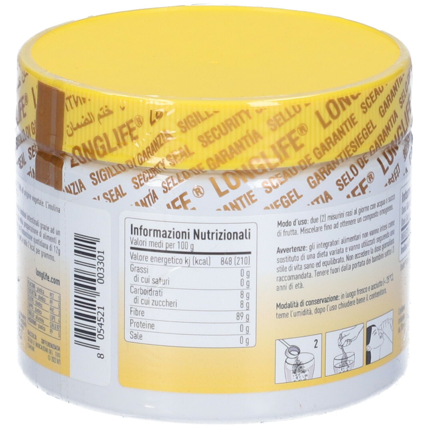 Contenitore bianco con coperchio giallo. Scritta: LongLife. Informazioni nutrizionali. Informazioni di conservazione.
