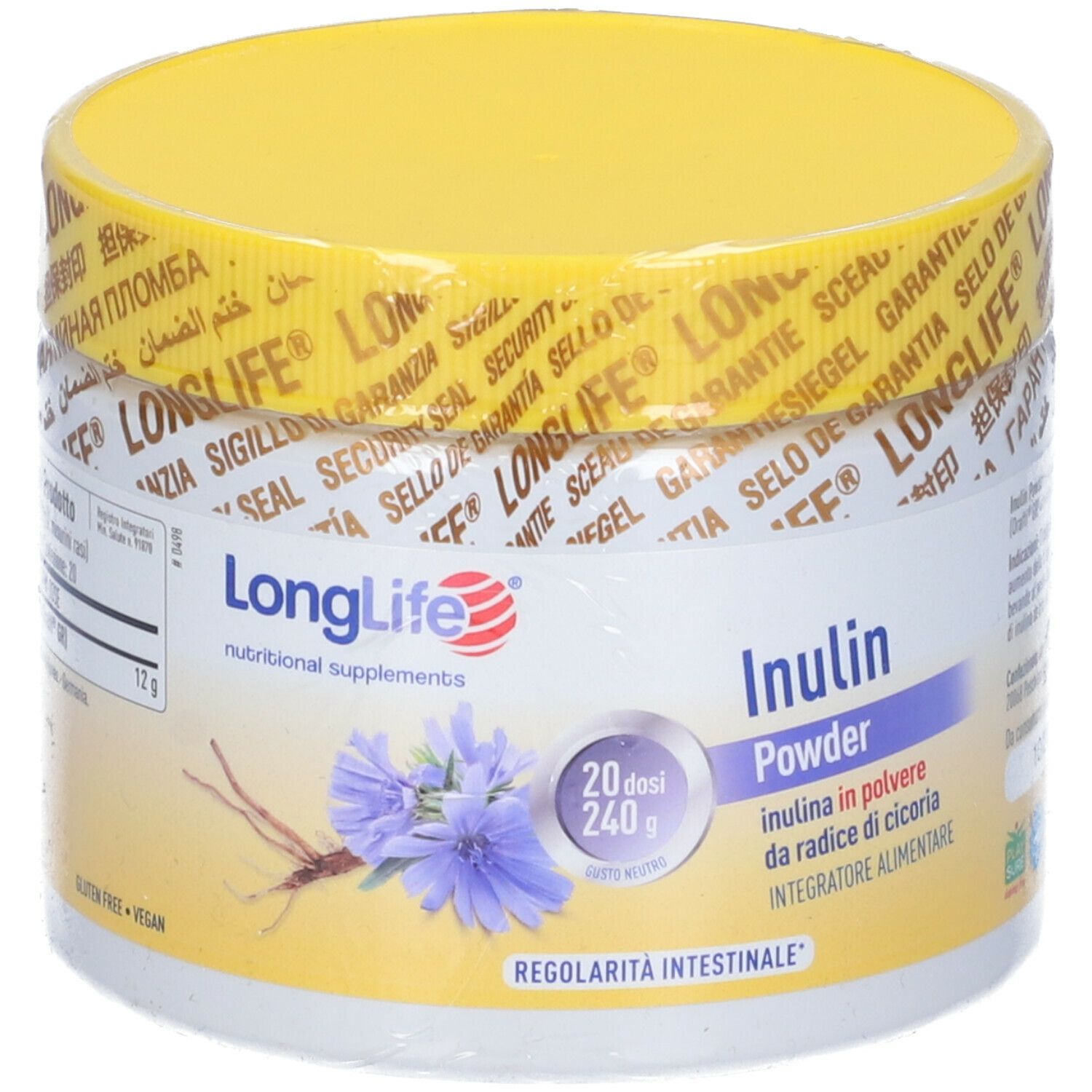 Contenitore bianco con coperchio giallo. Scritta: LongLife, Inulin Powder. Illustrazione: fiore di cicoria.