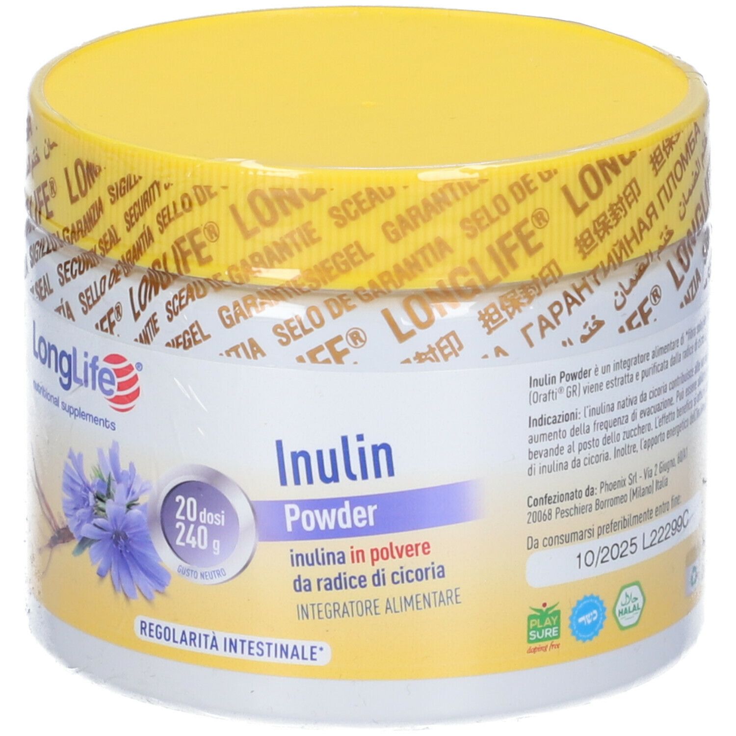 Contenitore bianco con coperchio giallo. Scritta: LongLife, Inulin Powder. Illustrazione: fiore di cicoria. Sigillo.
