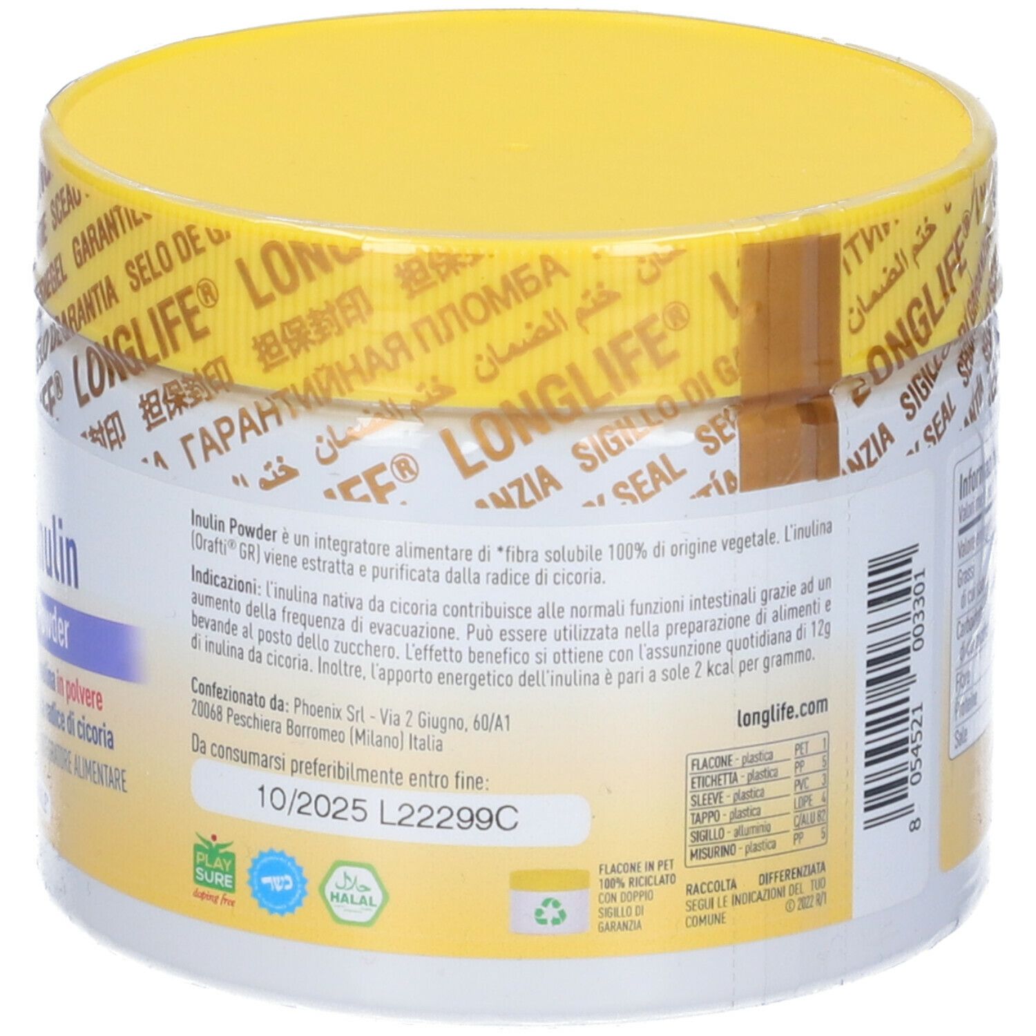 Contenitore bianco con coperchio giallo. Scritta: LongLife, Inulin Powder. Informazioni. Sigillo. Scadenza.