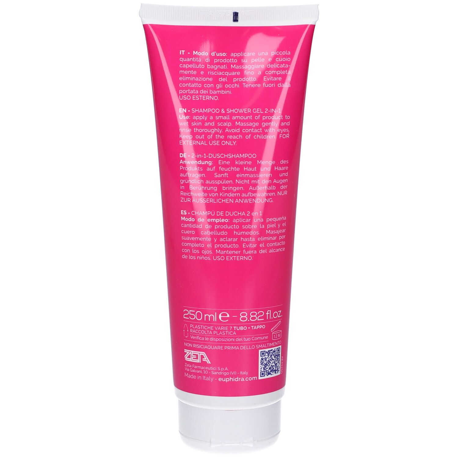 Rückseite einer rosa Tube. Text in mehreren Sprachen. Enthält Informationen zu Inhaltsstoffen und Anwendung. Mit QR-Code.