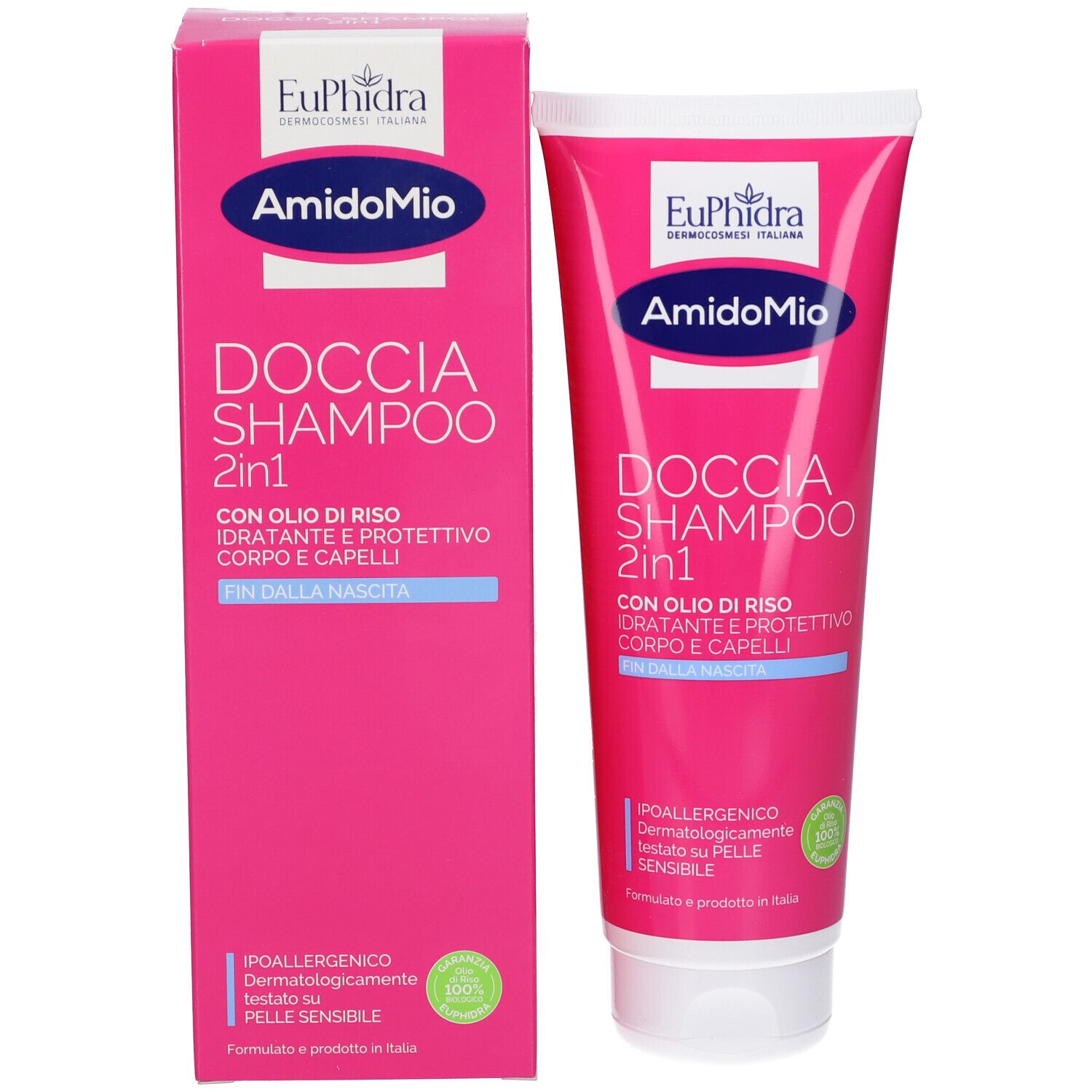 Rosa Schachtel und Tube. Aufschrift: EuPhidra, AmidoMio, Doccia Shampoo 2in1. Mit Reisöl. Für Körper und Haar.
