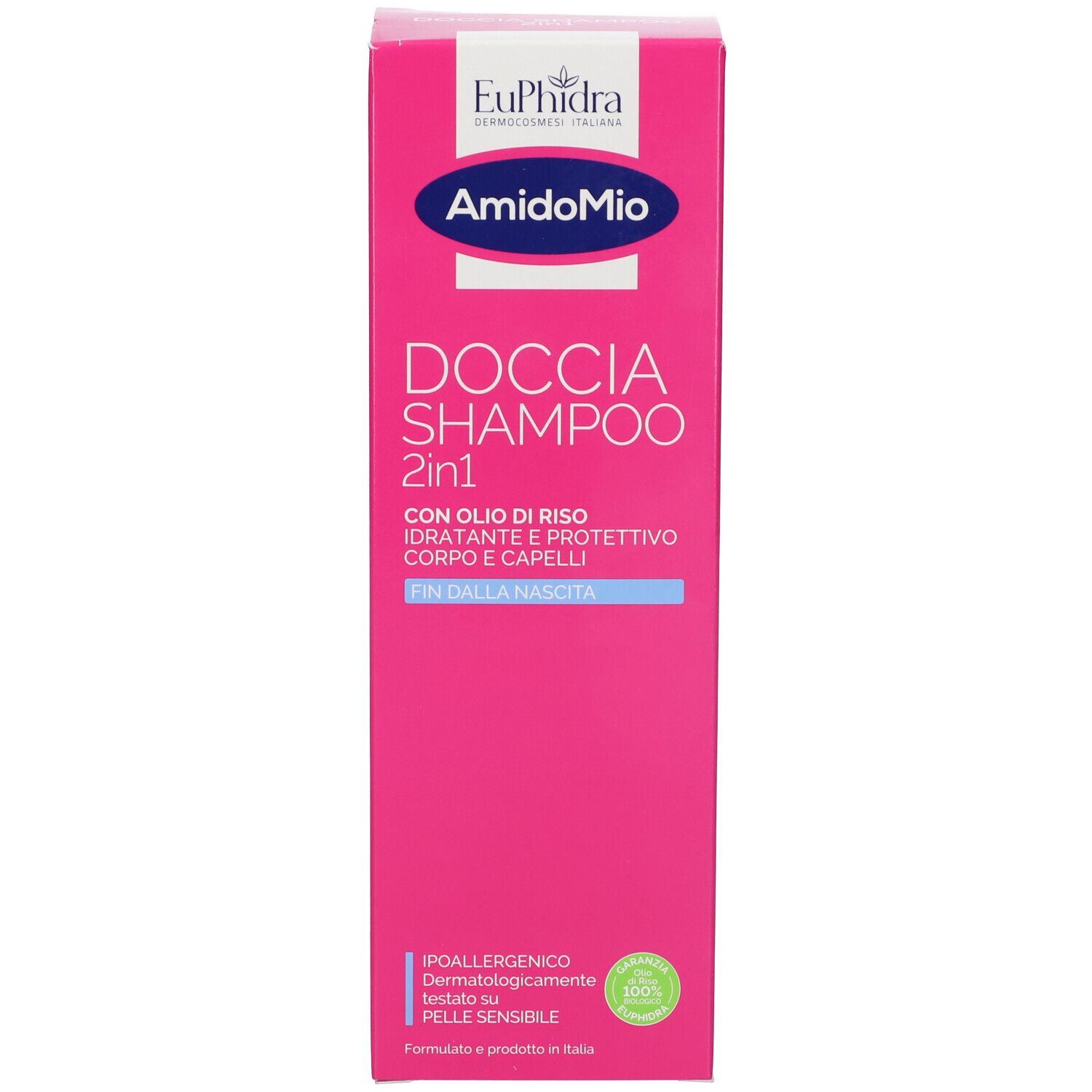Rosa Schachtel. Aufschrift: EuPhidra, AmidoMio, Doccia Shampoo 2in1. Mit Reisöl. Für Körper und Haar. Für empfindliche Haut.