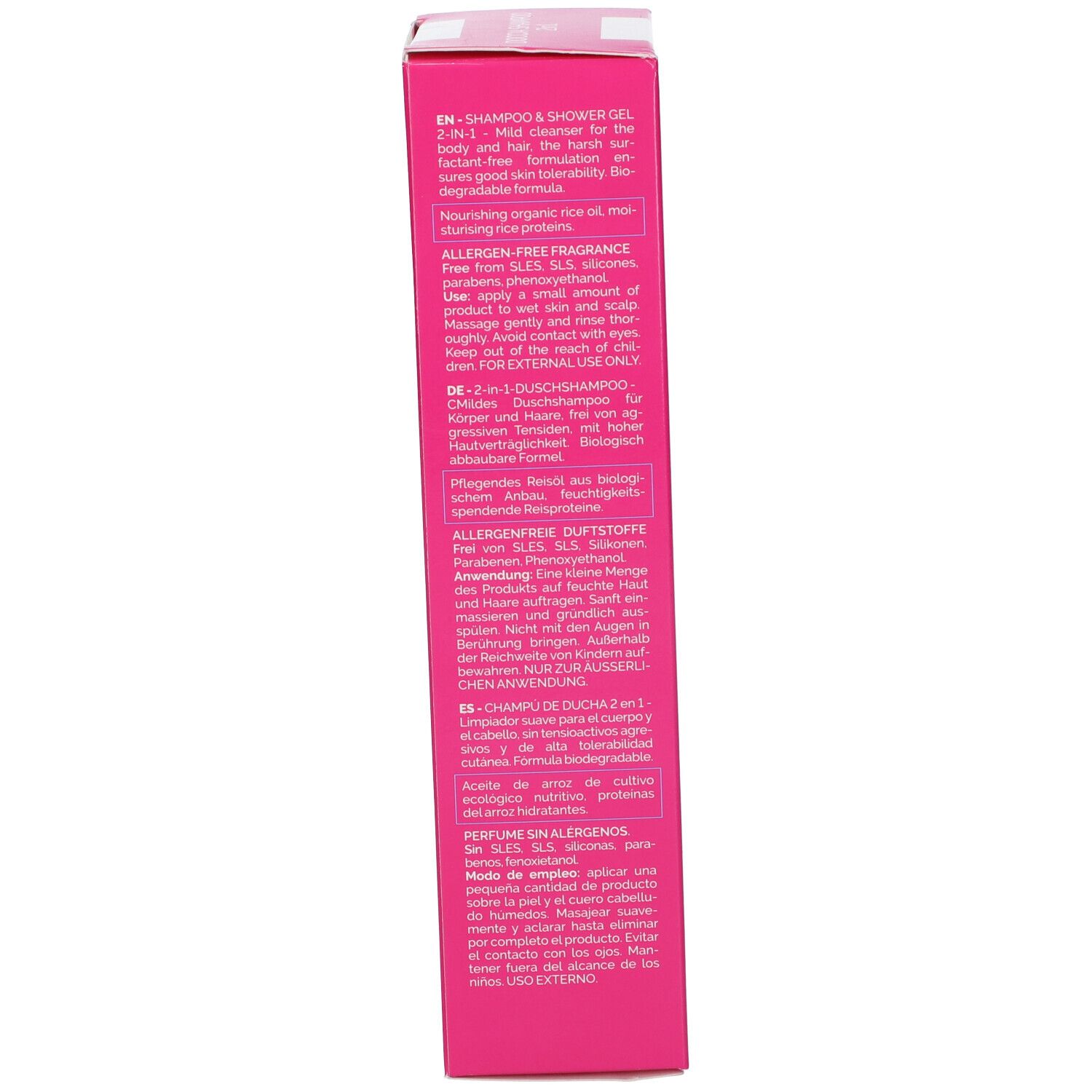 Seite einer rosa Schachtel. Text in mehreren Sprachen. Enthält Informationen zu Inhaltsstoffen und Anwendung.