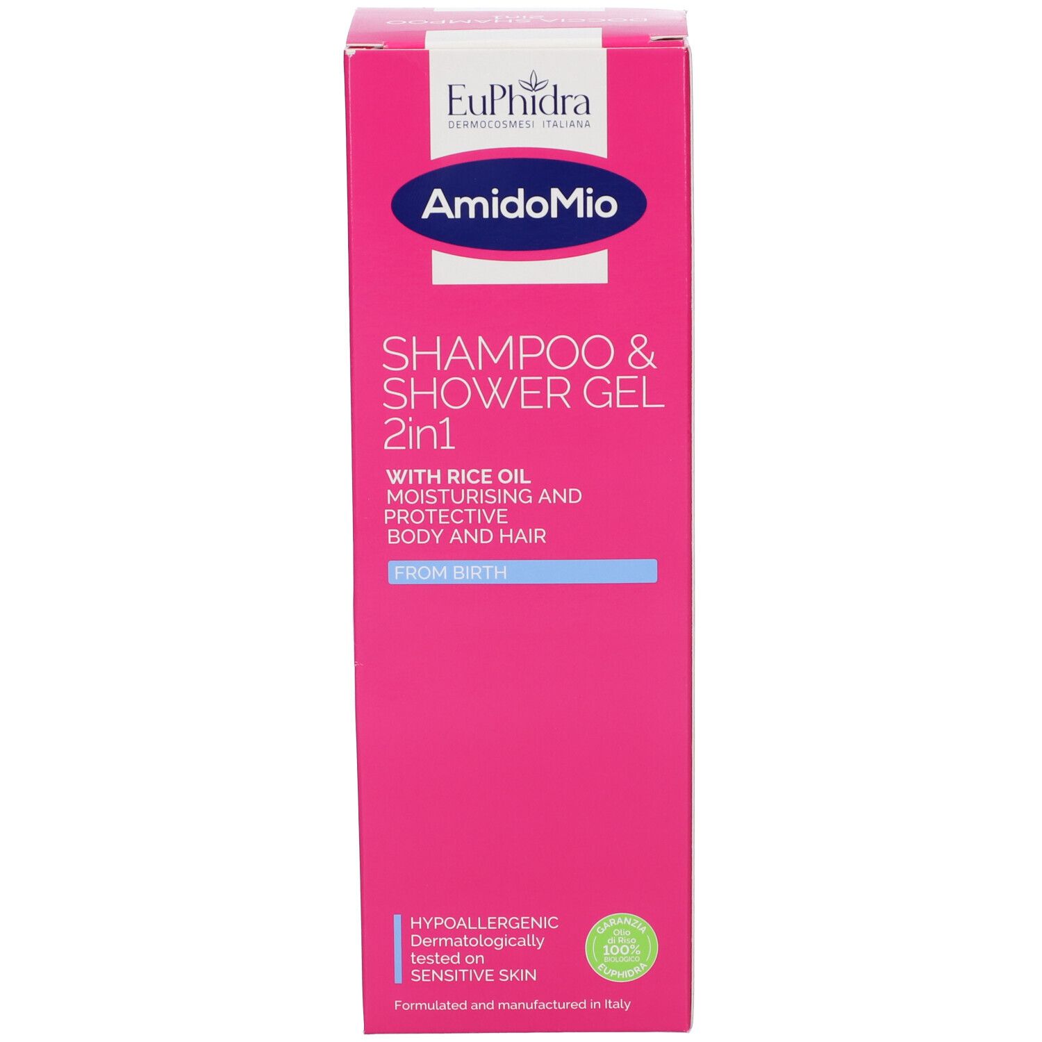 Rosa Schachtel. Aufschrift: EuPhidra, Shampoo & Shower Gel 2in1. Mit Reisöl. Für Körper und Haar. Ab Geburt.