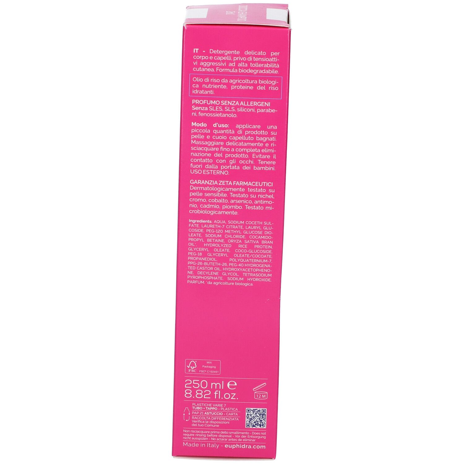 Seite einer rosa Schachtel. Text in mehreren Sprachen. Enthält Informationen zu Inhaltsstoffen und Anwendung. 250ml.