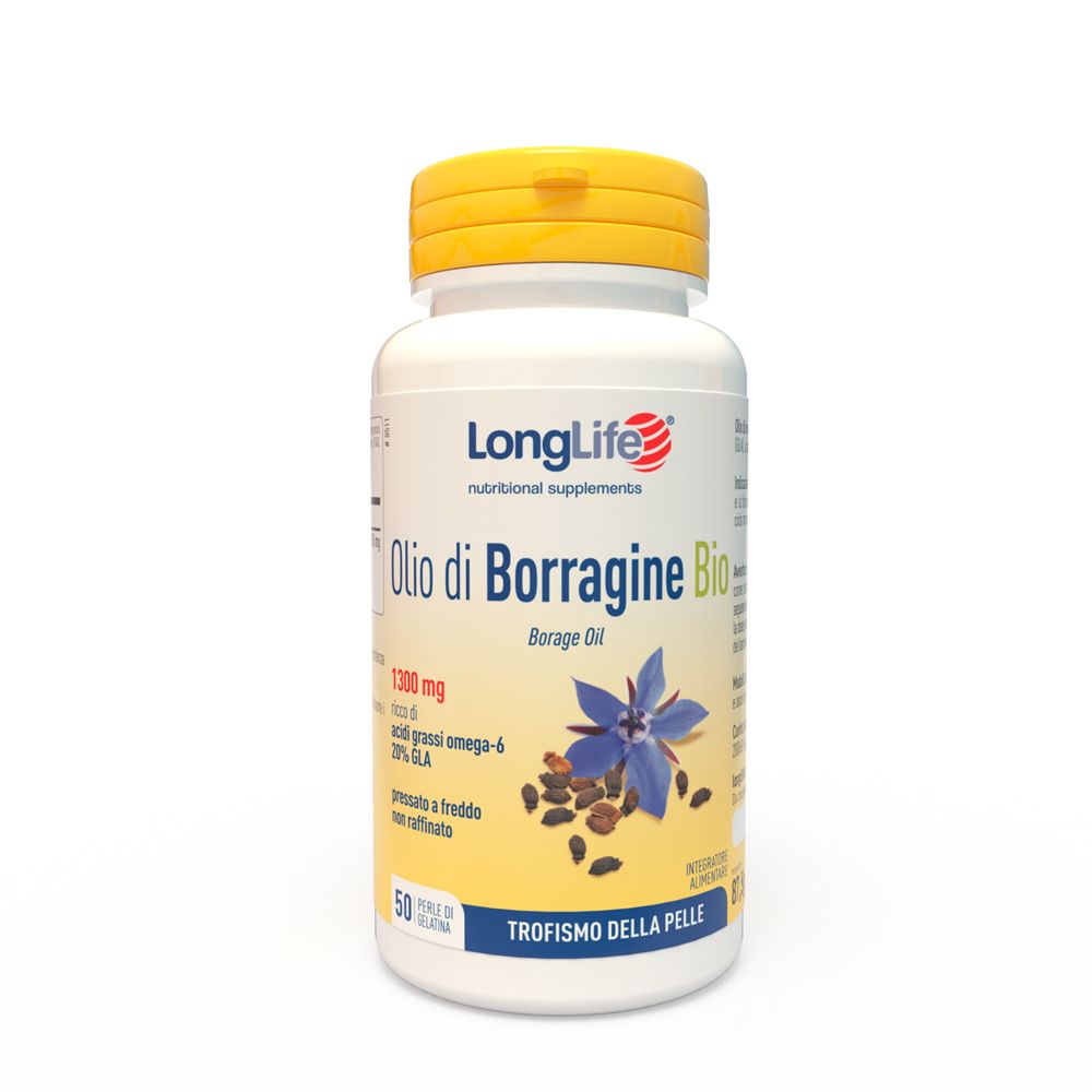 Flacone bianco con tappo giallo. Scritta: LongLife, Olio di Borragine Bio, 1300mg, 50 Perle.