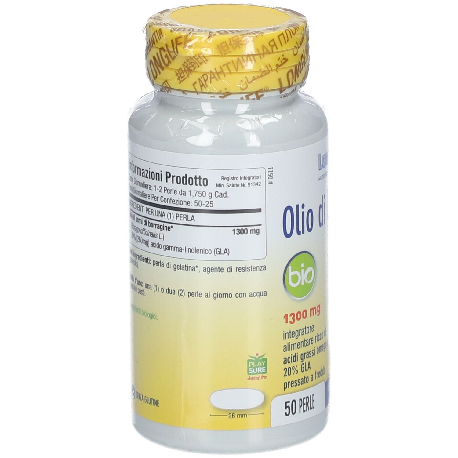 Flacone di capsule con tappo giallo. Scritta: LongLife, Olio di Borragine Bio, 1300mg, 50 Perle. Testo sul retro.