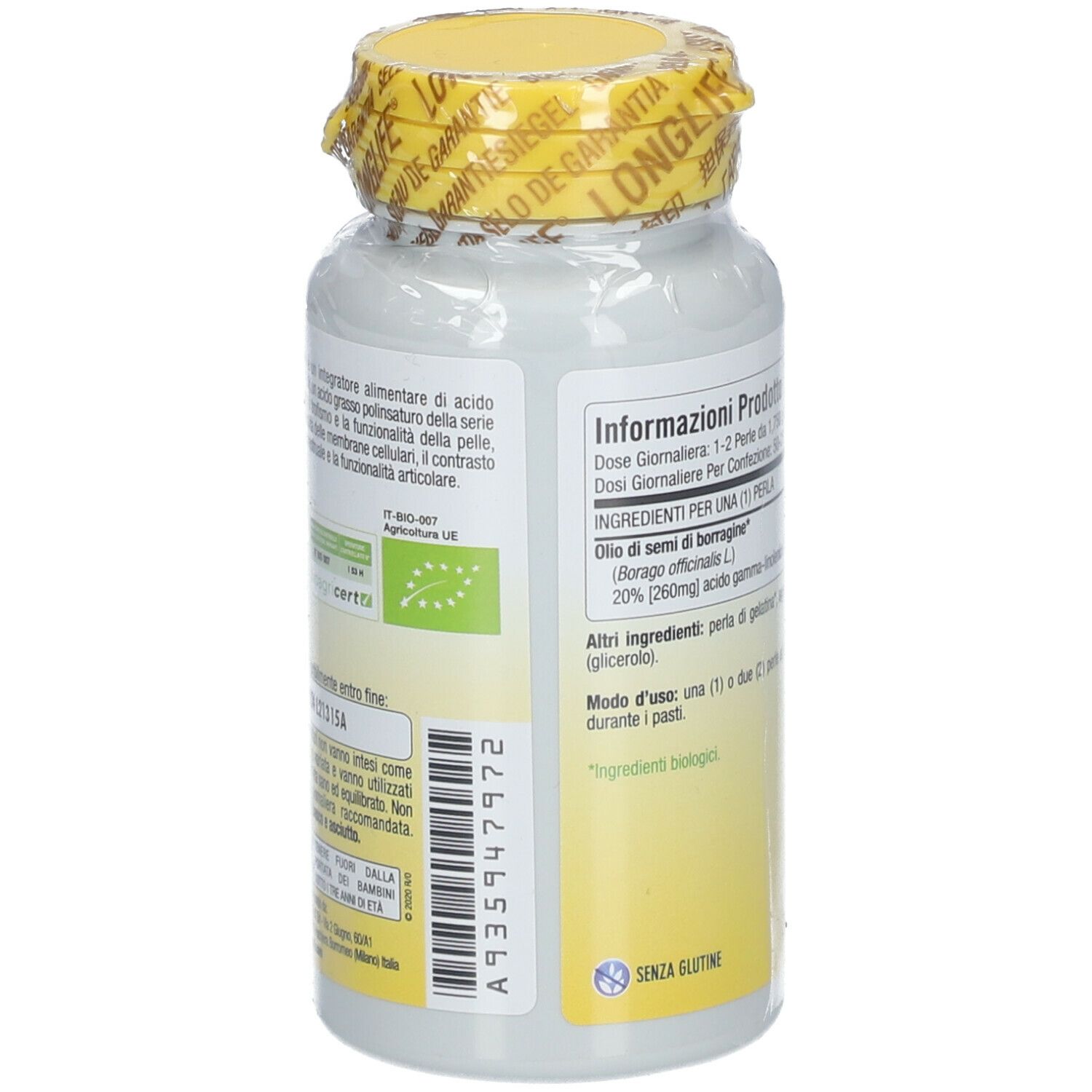 Flacone di capsule con tappo giallo. Testo e certificazioni sul retro. Scritta: LongLife, 50 Perle.