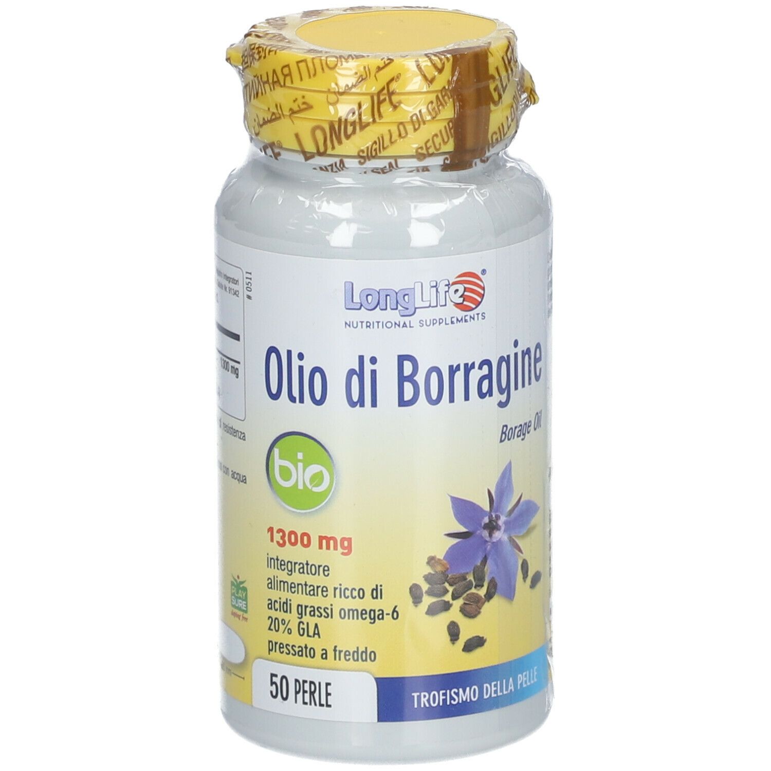Flacone di capsule con tappo giallo. Scritta: LongLife, Olio di Borragine Bio, 1300mg, 50 Perle.