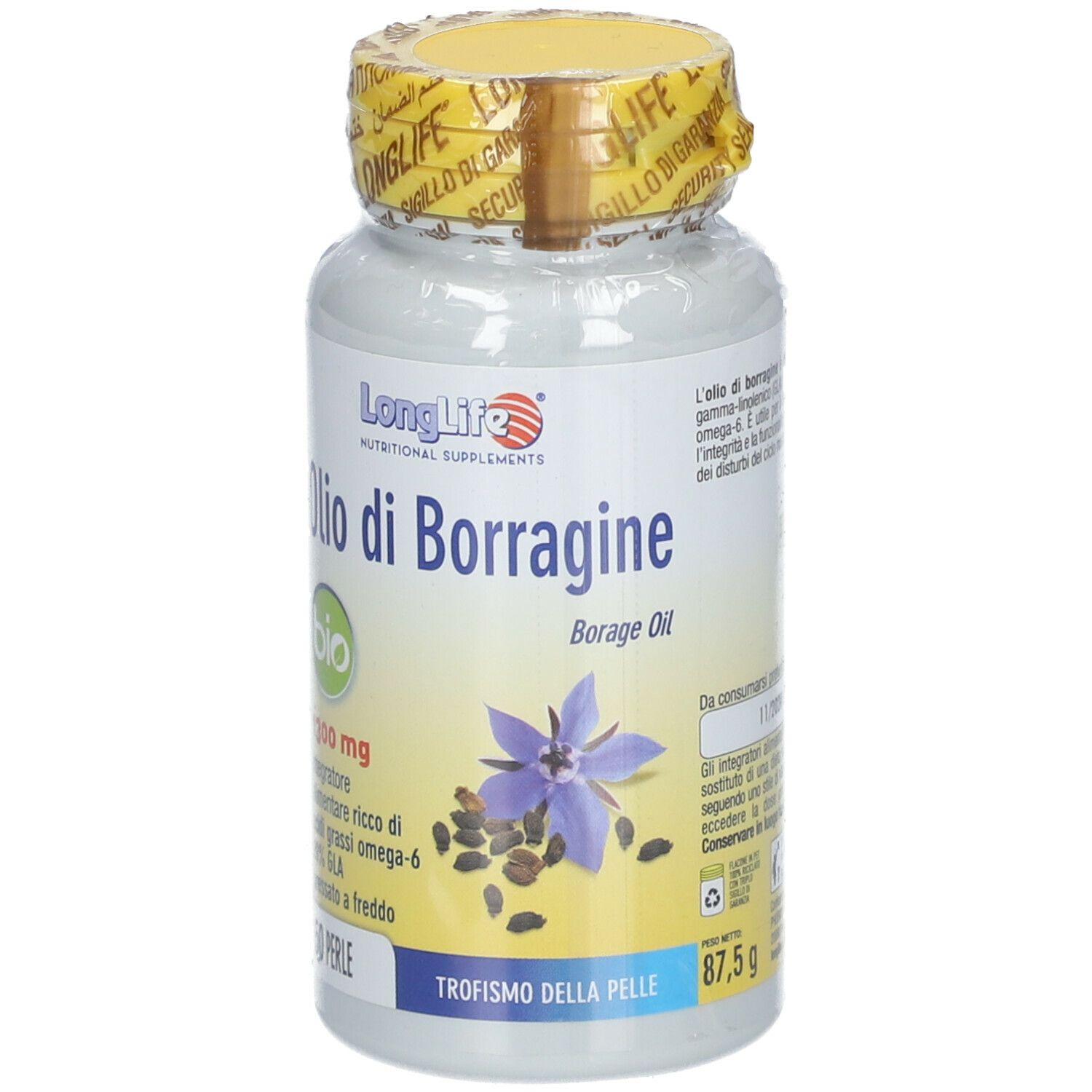 Flacone di capsule con tappo giallo. Scritta: LongLife, Olio di Borragine Bio, 1300mg, 50 Perle, 87,5g.