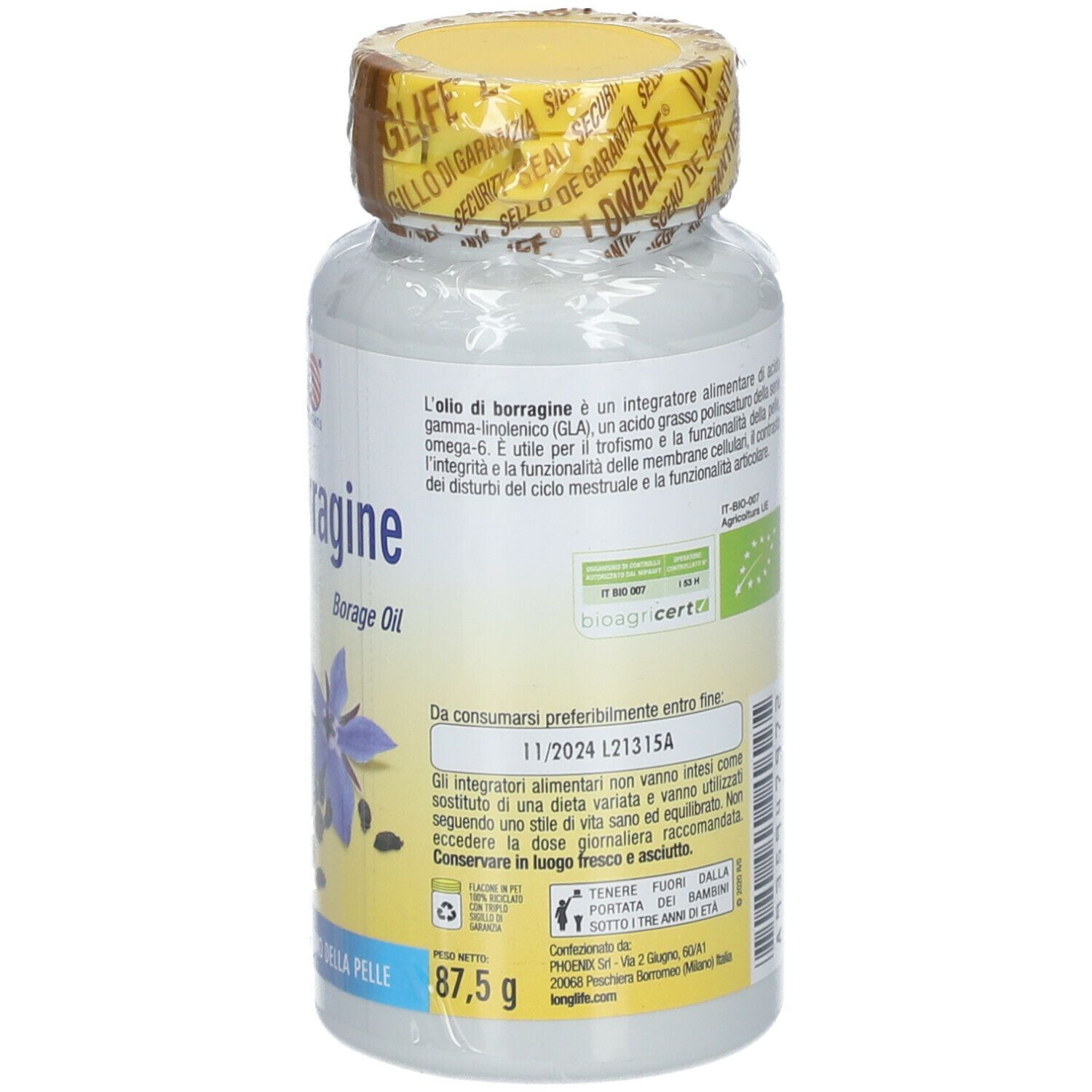 Flacone di capsule con tappo giallo. Scritta: LongLife, Olio di Borragine Bio, 1300mg, 50 Perle, 87,5g. Testo sul retro.