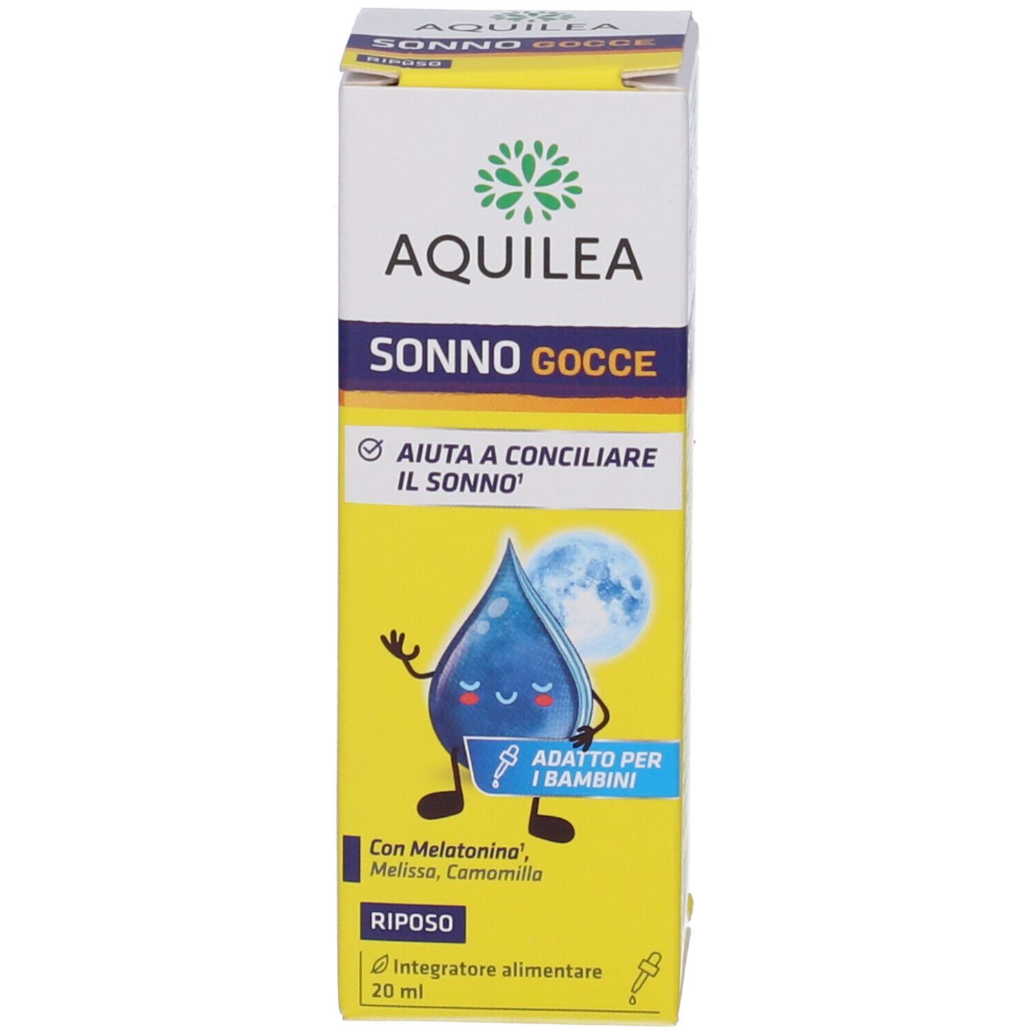 Confezione del prodotto con flacone e scatola. Scritta: AQUILEA, SONNO GOCCE, ADATTO PER I BAMBINI.