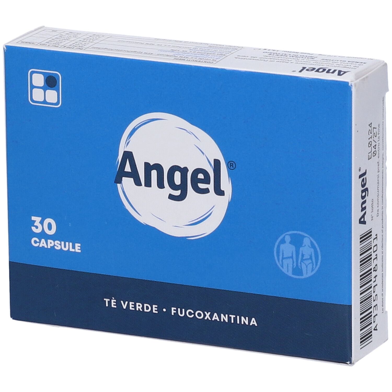 Scatola blu e bianca con logo "Angel" e scritta "30 Capsule". Contiene tè verde e fucoxantina. Illustrazione uomo e donna.