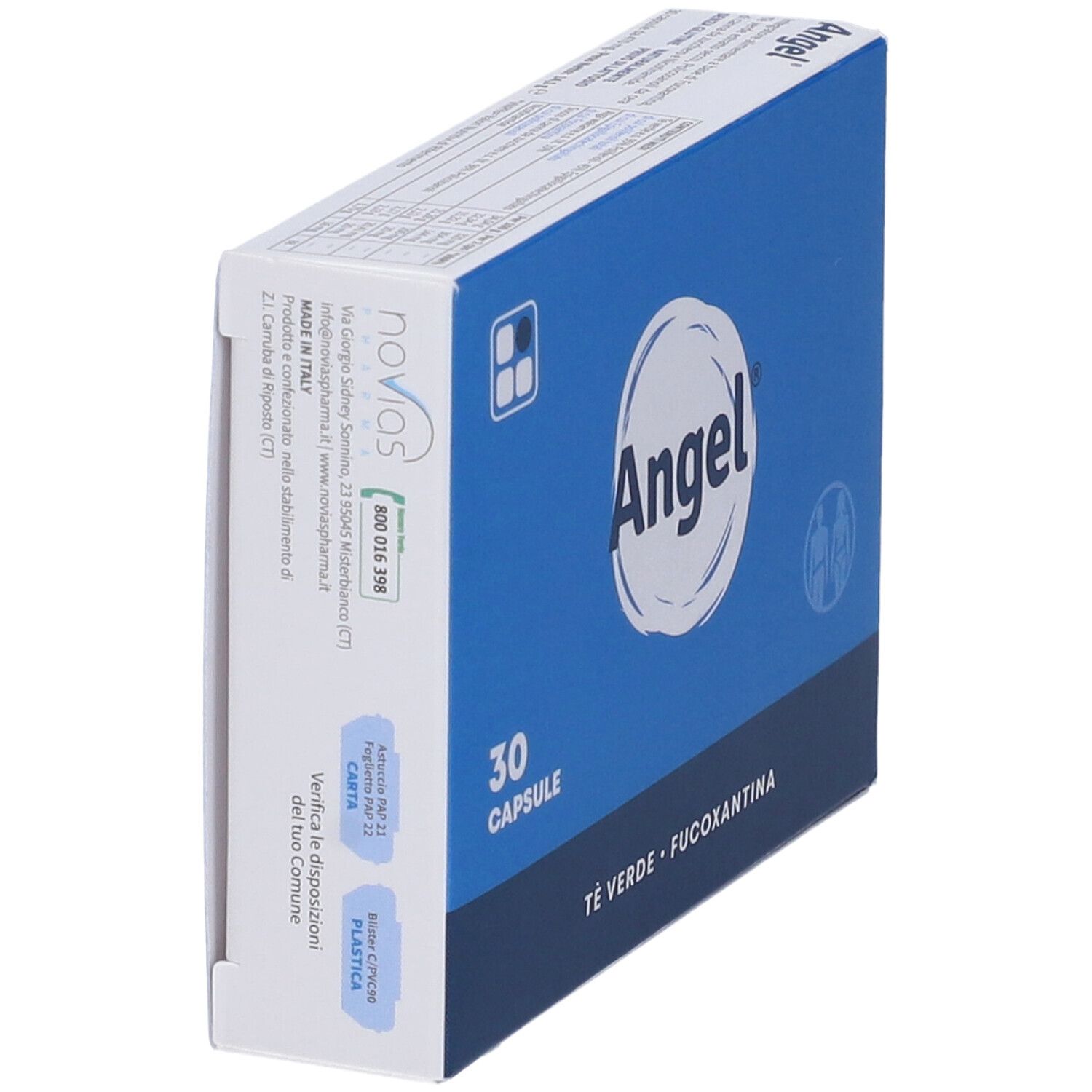 Scatola "Angel" con 30 capsule. Confezione blu con logo e informazioni. Vista laterale con informazioni produttore.