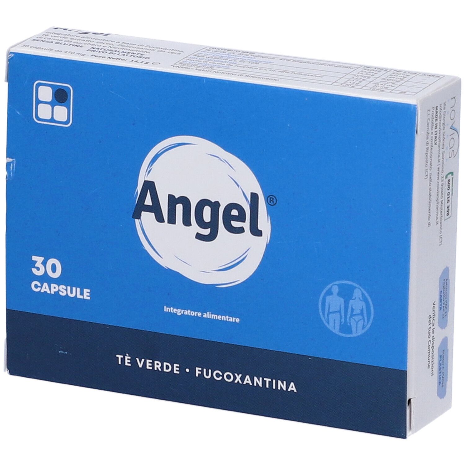 Scatola blu con logo "Angel" e "30 Capsule". Contiene tè verde e fucoxantina. Scritta "Integratore alimentare".