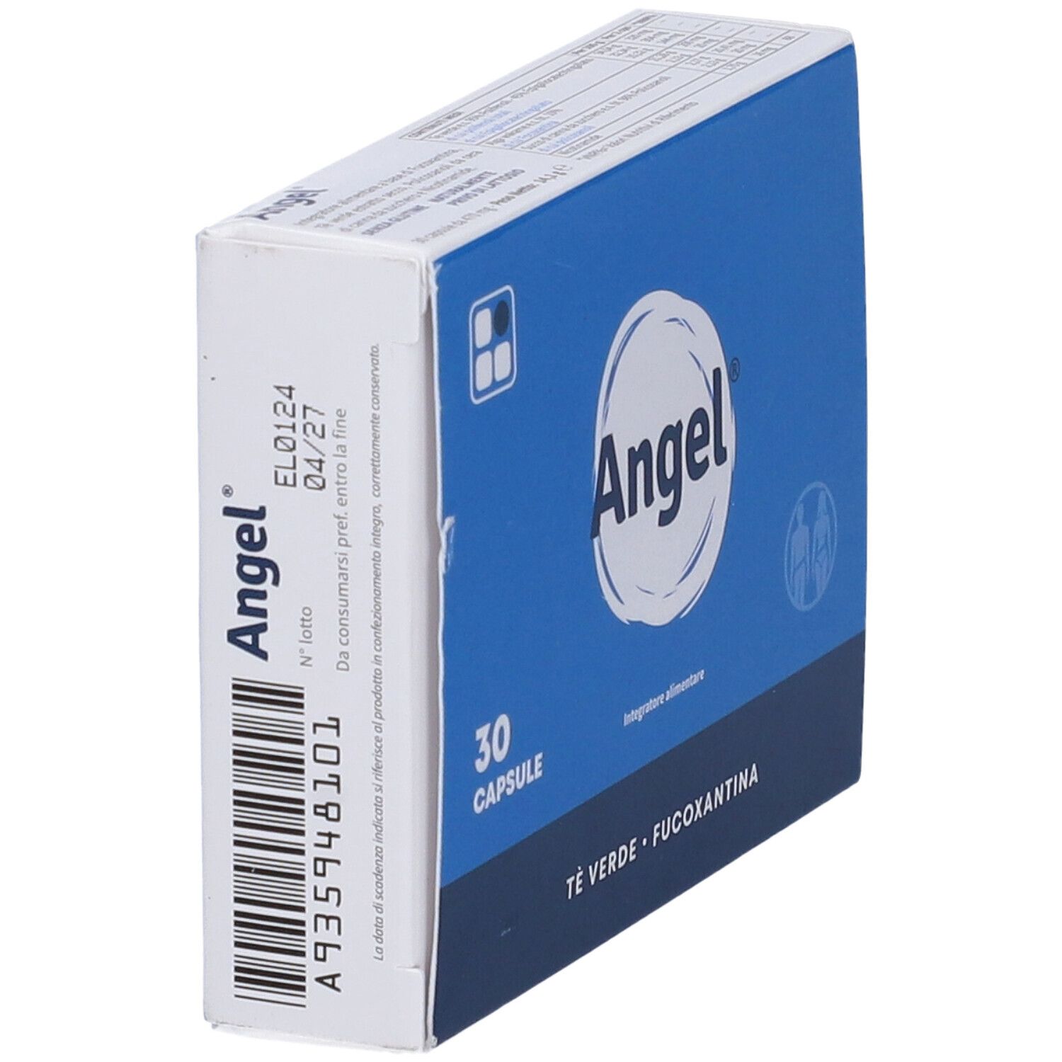 Scatola "Angel" con 30 capsule. Confezione blu con logo e informazioni. Codice a barre e data di scadenza.