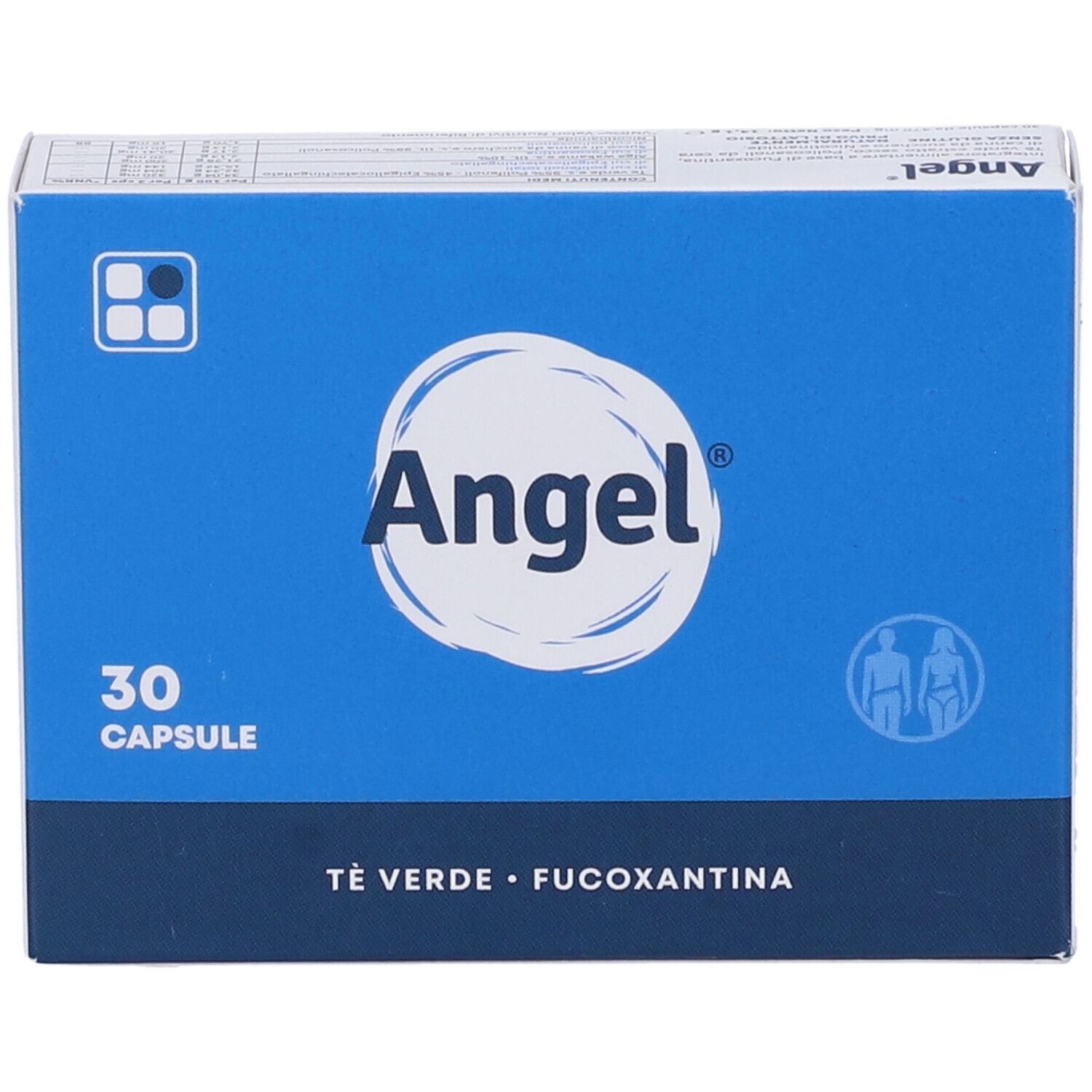 Scatola blu con logo "Angel" e "30 Capsule". Contiene tè verde e fucoxantina. Illustrazione uomo e donna.
