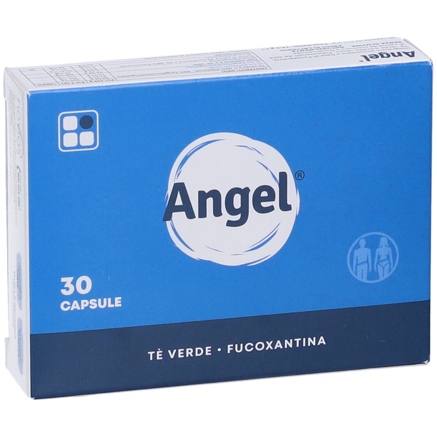 Scatola blu con logo "Angel" e "30 Capsule". Contiene tè verde e fucoxantina. Illustrazione uomo e donna.