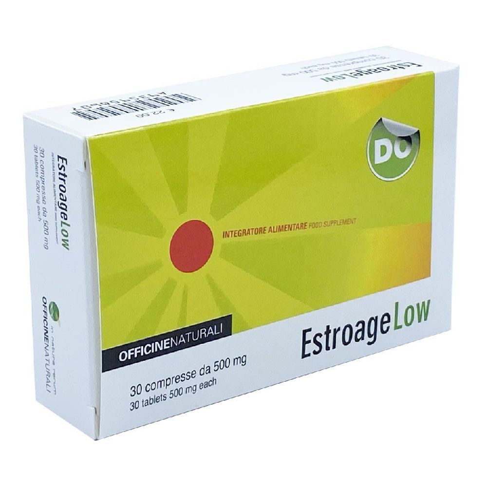 Scatola EstroageLow. Scritta: 30 compresse da 500 mg. Design verde-giallo con cerchio rosso. Marchio Officine Naturali.