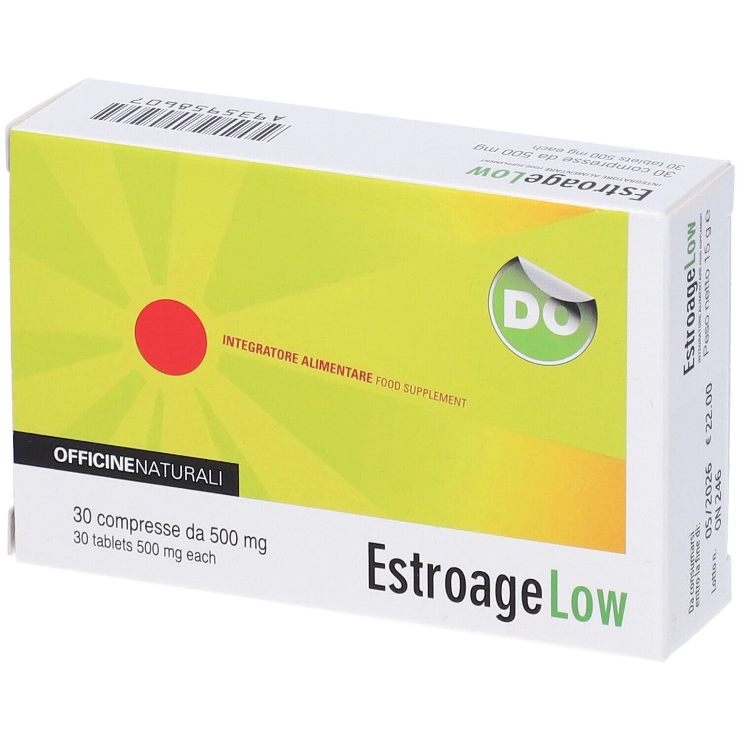 Scatola EstroageLow. Scritta: 30 compresse da 500 mg. Design verde-giallo con cerchio rosso. Prezzo: 22,00 €. Marchio Officine Naturali.