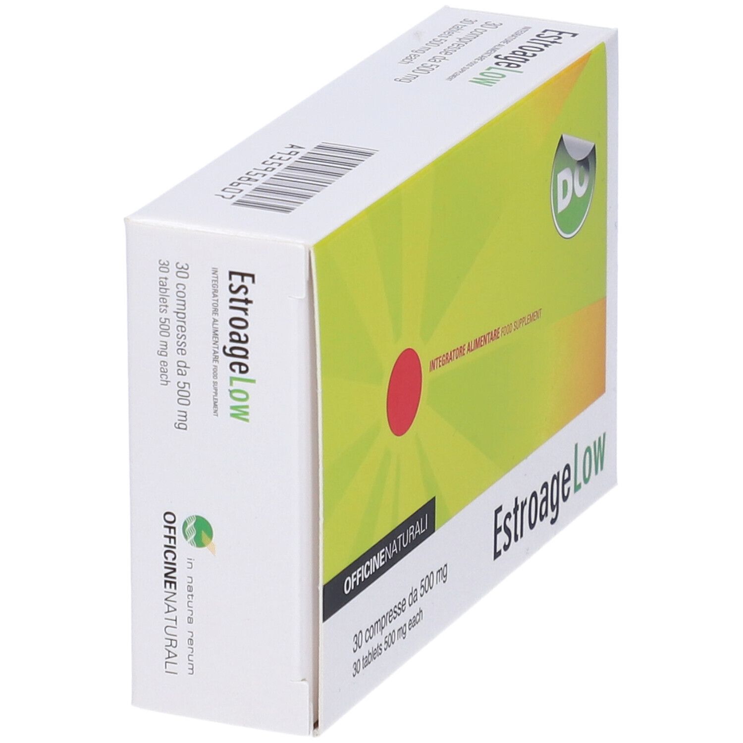 Scatola EstroageLow. Scritta: 30 compresse da 500 mg. Design verde-giallo con cerchio rosso. Marchio Officine Naturali. Codice a barre.