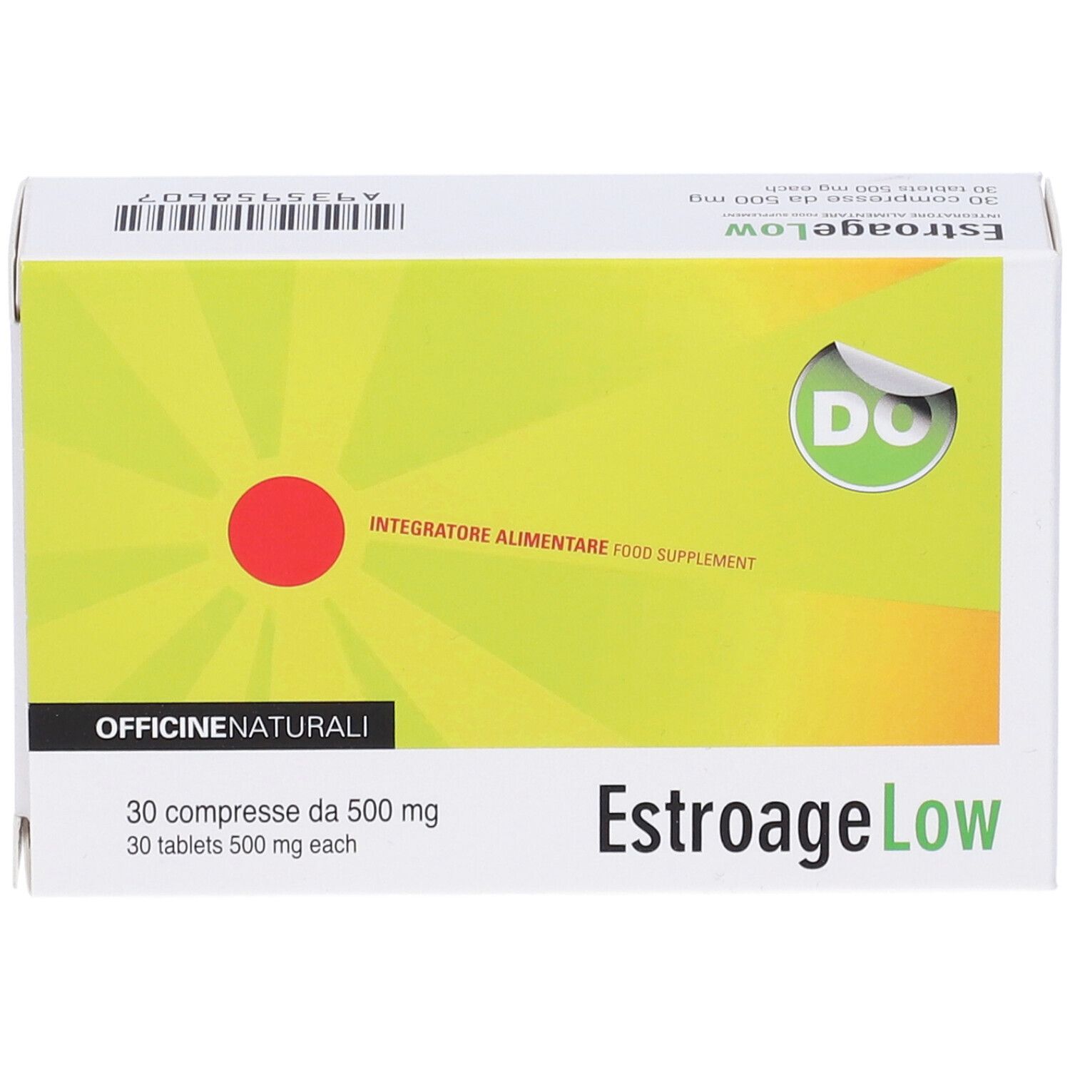 Scatola EstroageLow. Scritta: 30 compresse da 500 mg. Design verde-giallo con cerchio rosso. Marchio Officine Naturali.