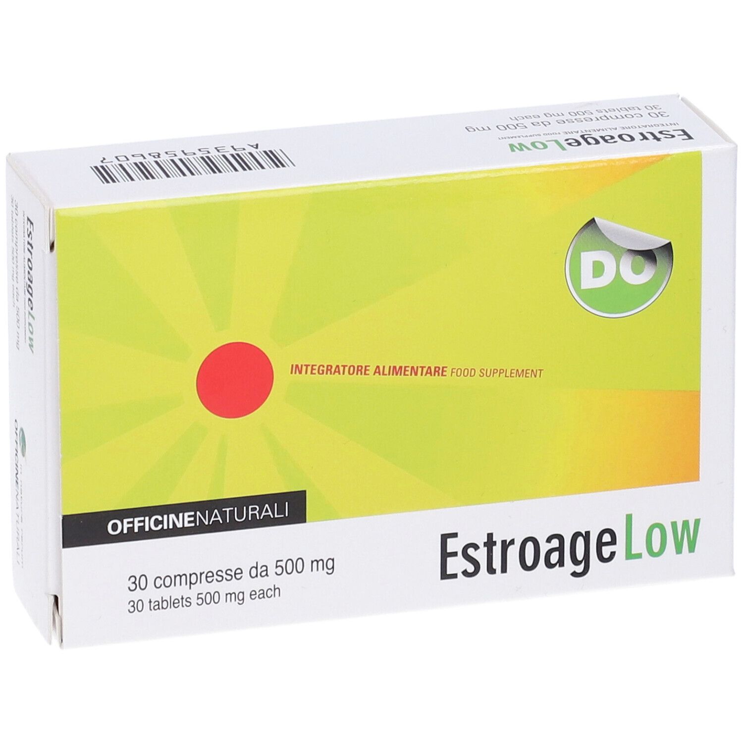 Scatola EstroageLow. Scritta: 30 compresse da 500 mg. Design verde-giallo con cerchio rosso. Marchio Officine Naturali.