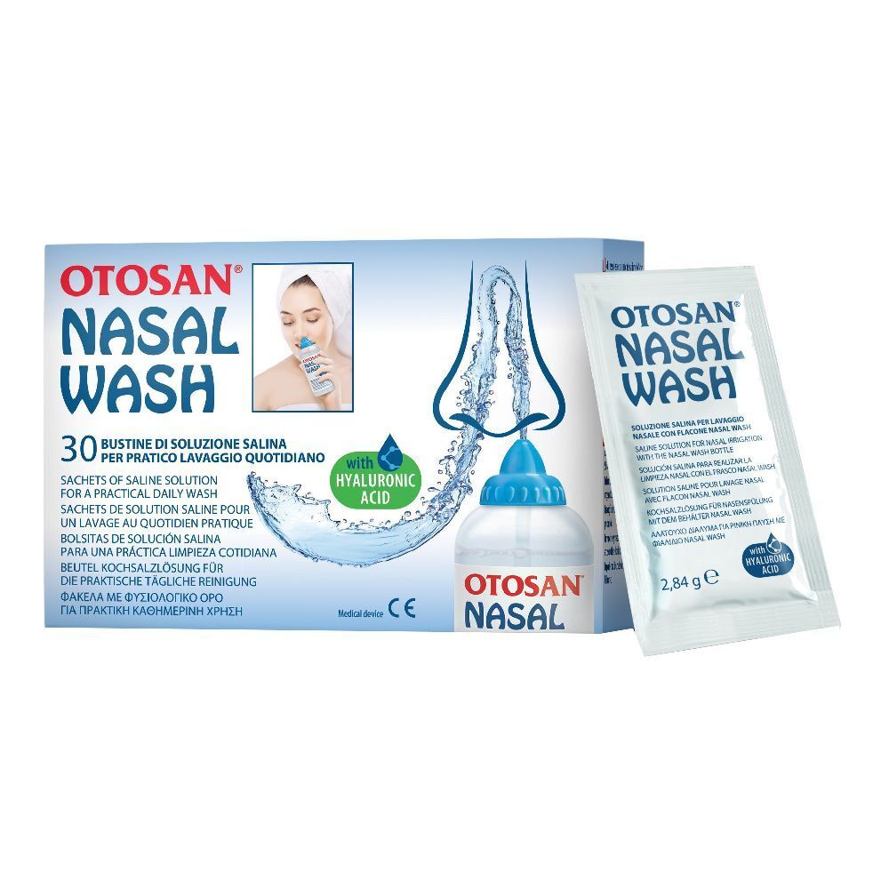 Confezione Otosan Nasal Wash con 30 bustine e dispositivo. Contiene acido ialuronico. Scritta: Nasal Wash.