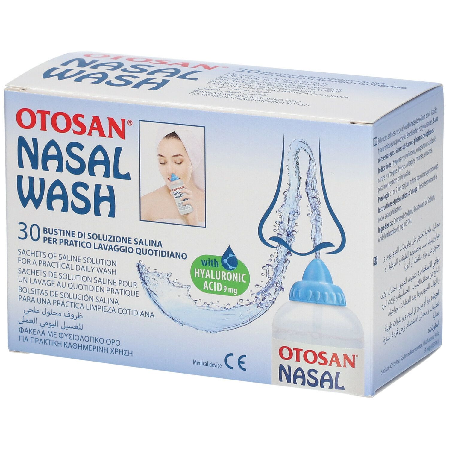 Scatola Otosan Nasal Wash. Contiene 30 bustine per lavaggio nasale quotidiano. Con acido ialuronico. Scritta: Nasal Wash.