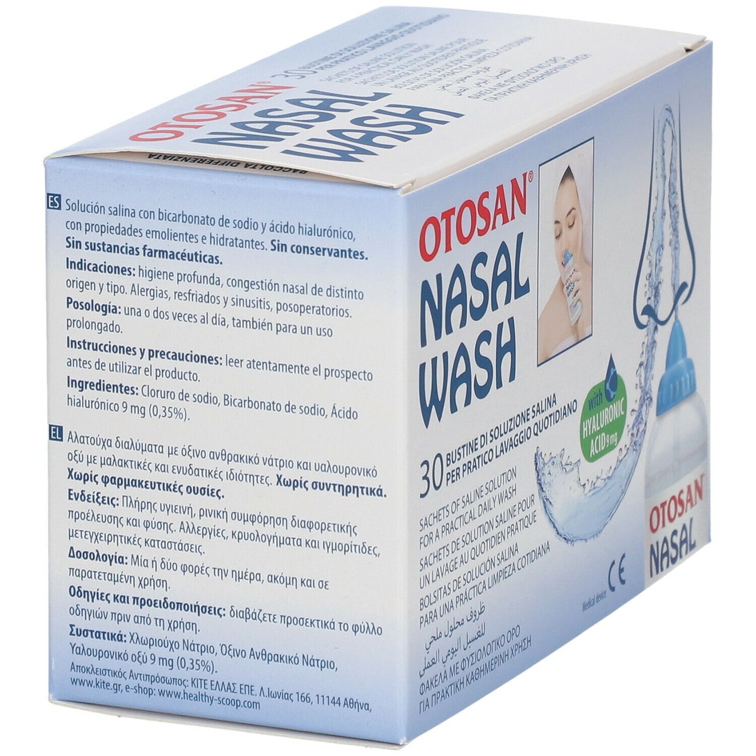 Retro della scatola Otosan Nasal Wash. Testo multilingue. Contiene informazioni sugli ingredienti e l'uso.