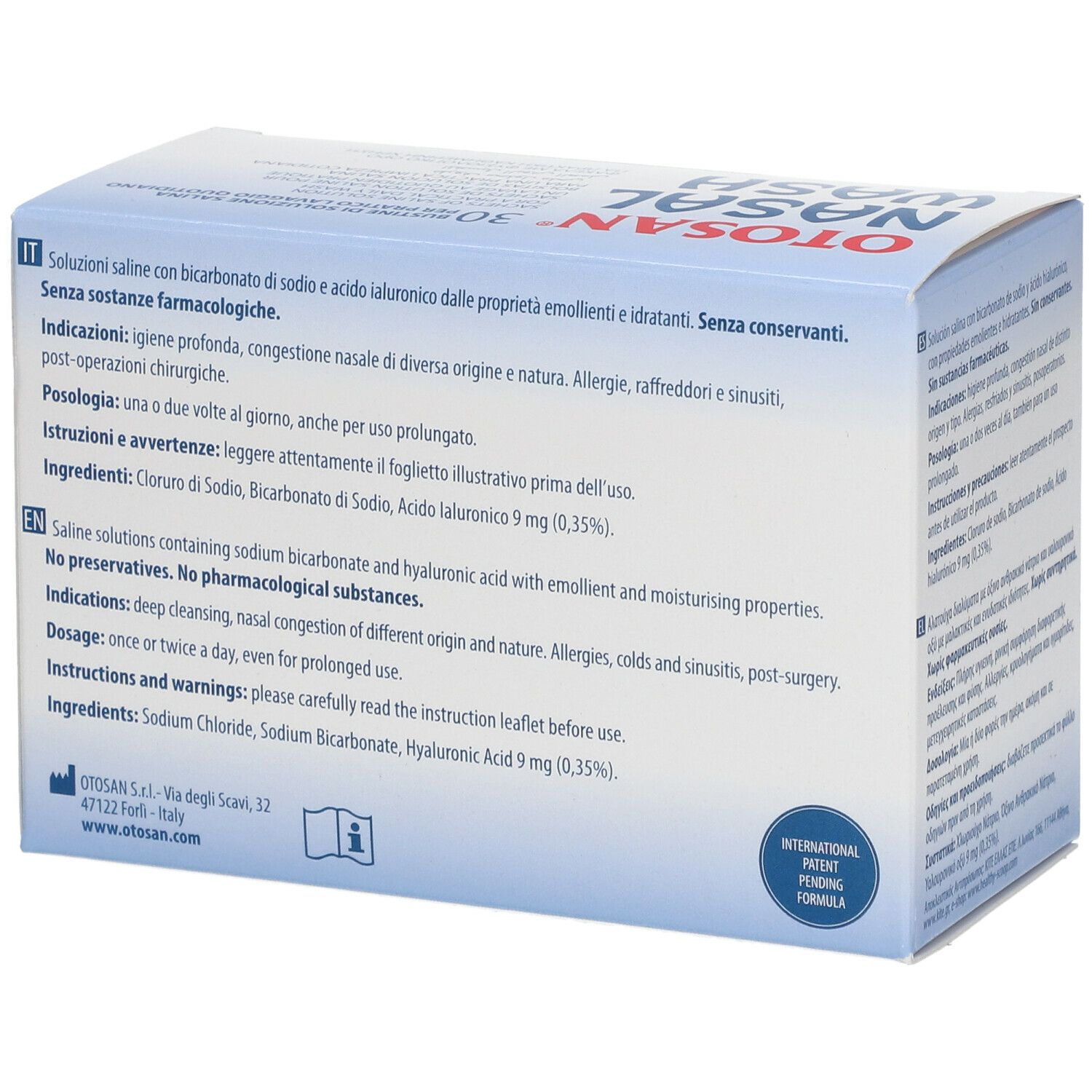 Retro della scatola Otosan Nasal Wash. Testo multilingue. Contiene informazioni sugli ingredienti e l'uso.