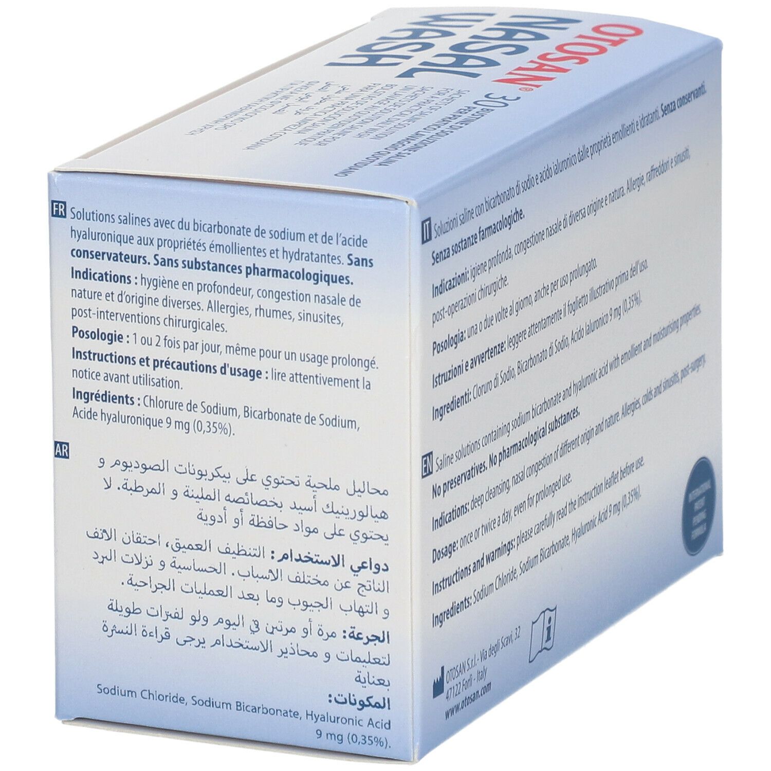 Retro della scatola Otosan Nasal Wash. Testo multilingue. Contiene informazioni sugli ingredienti e l'uso.