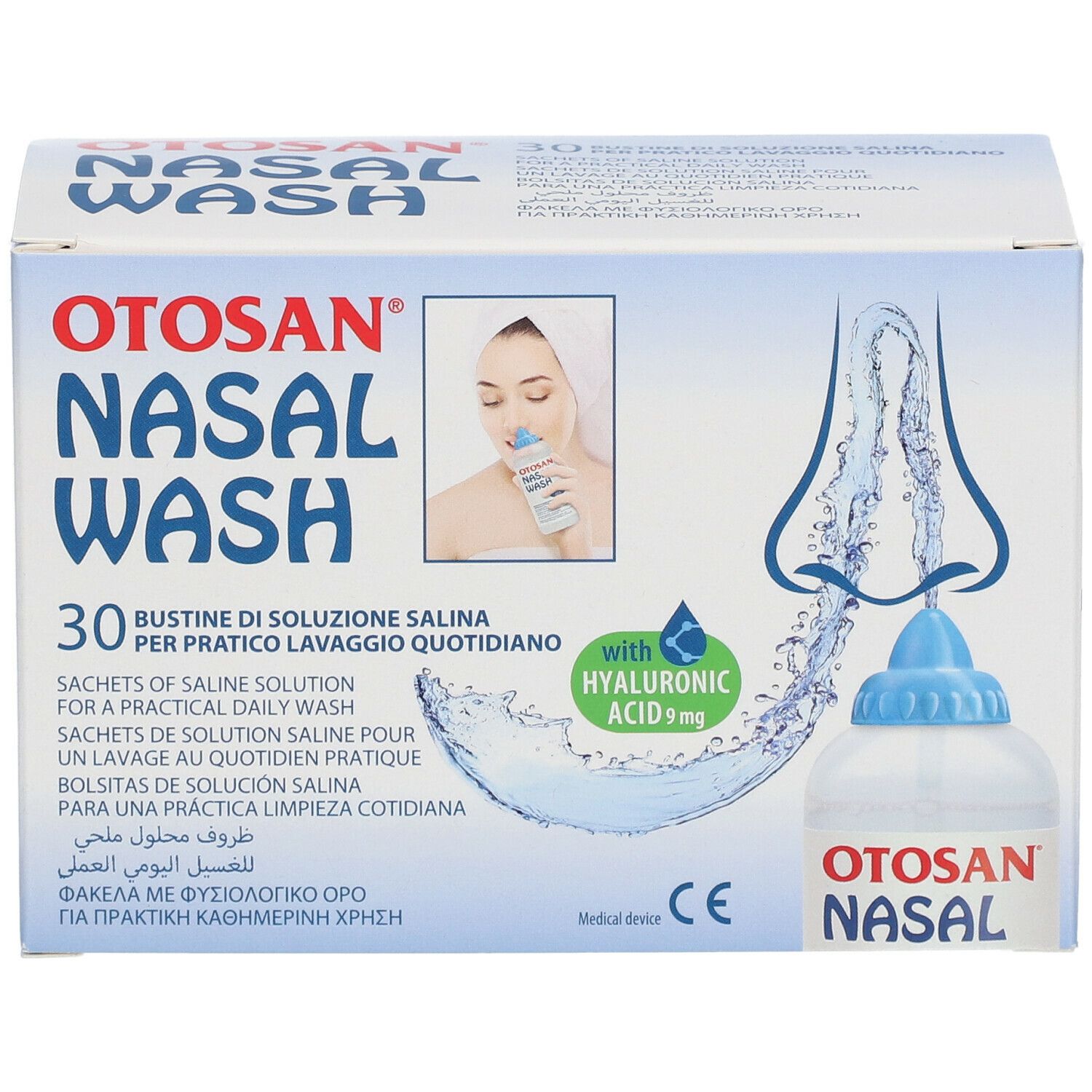 Scatola Otosan Nasal Wash. Contiene 30 bustine per lavaggio nasale quotidiano. Con acido ialuronico. Scritta: Nasal Wash.