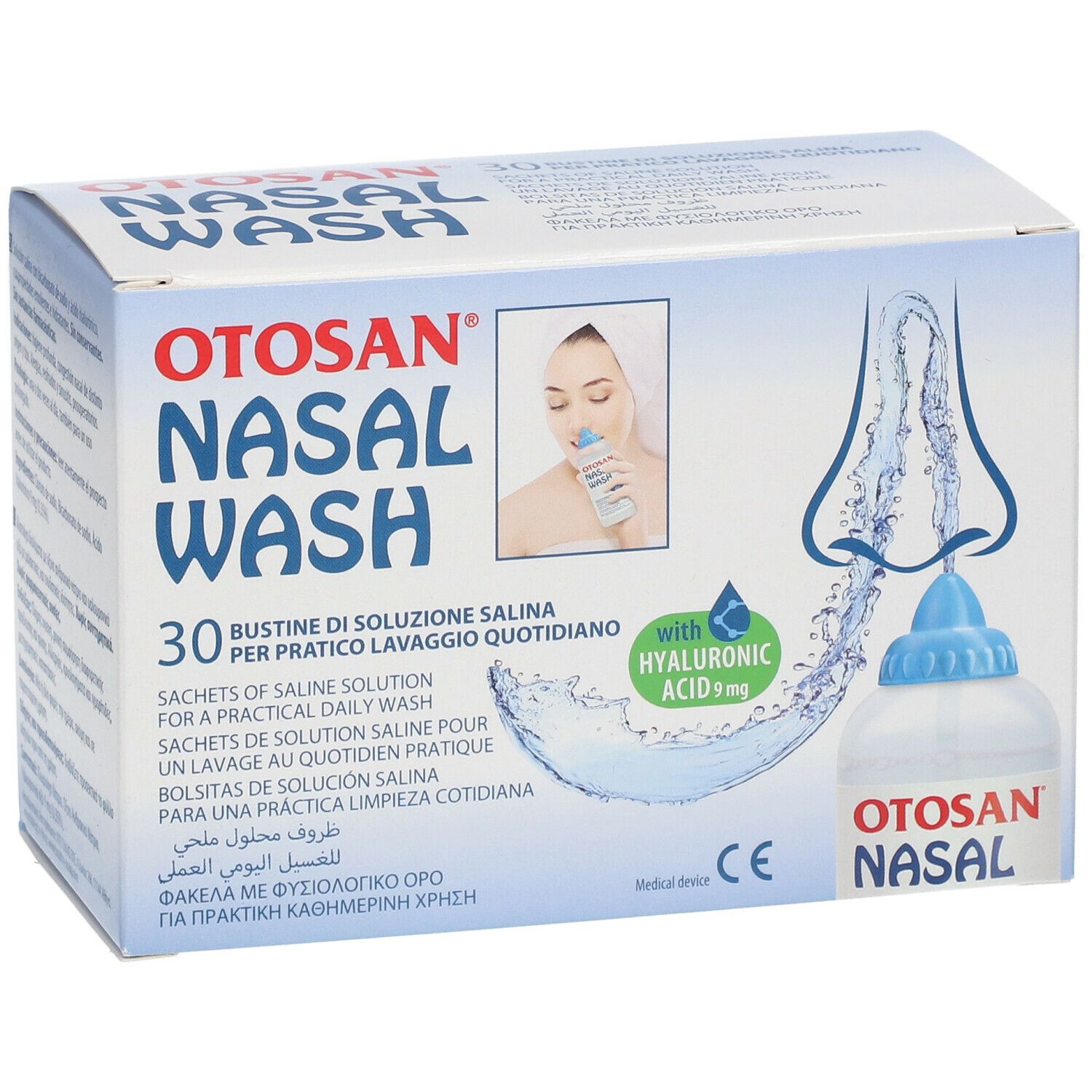 Scatola Otosan Nasal Wash. Contiene 30 bustine per lavaggio nasale quotidiano. Con acido ialuronico. Scritta: Nasal Wash.